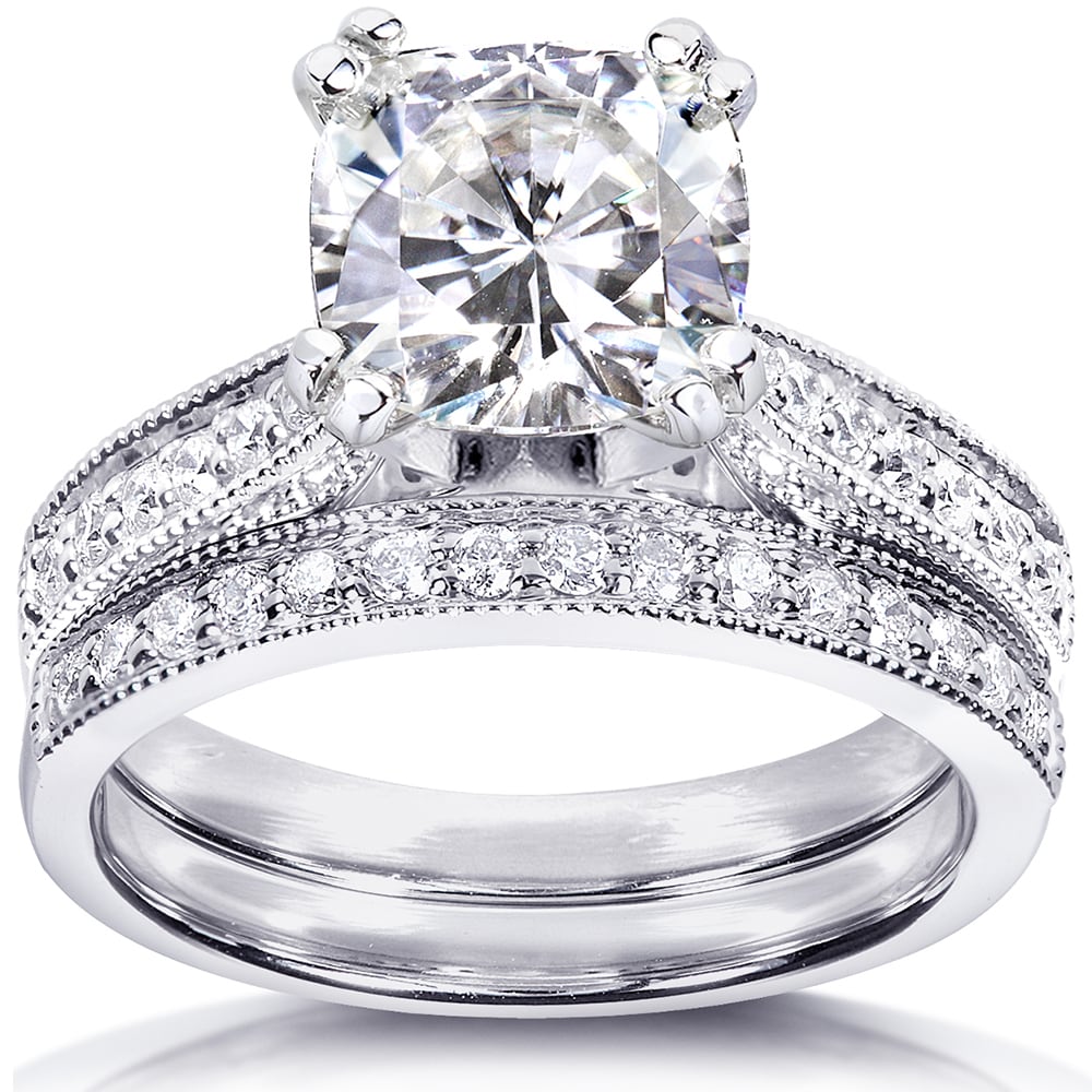 Annello By Kobelli 14K White Gold 2 1 3Ct Tgw Moissanite And Diamond Antique Style Bridal Rings Set