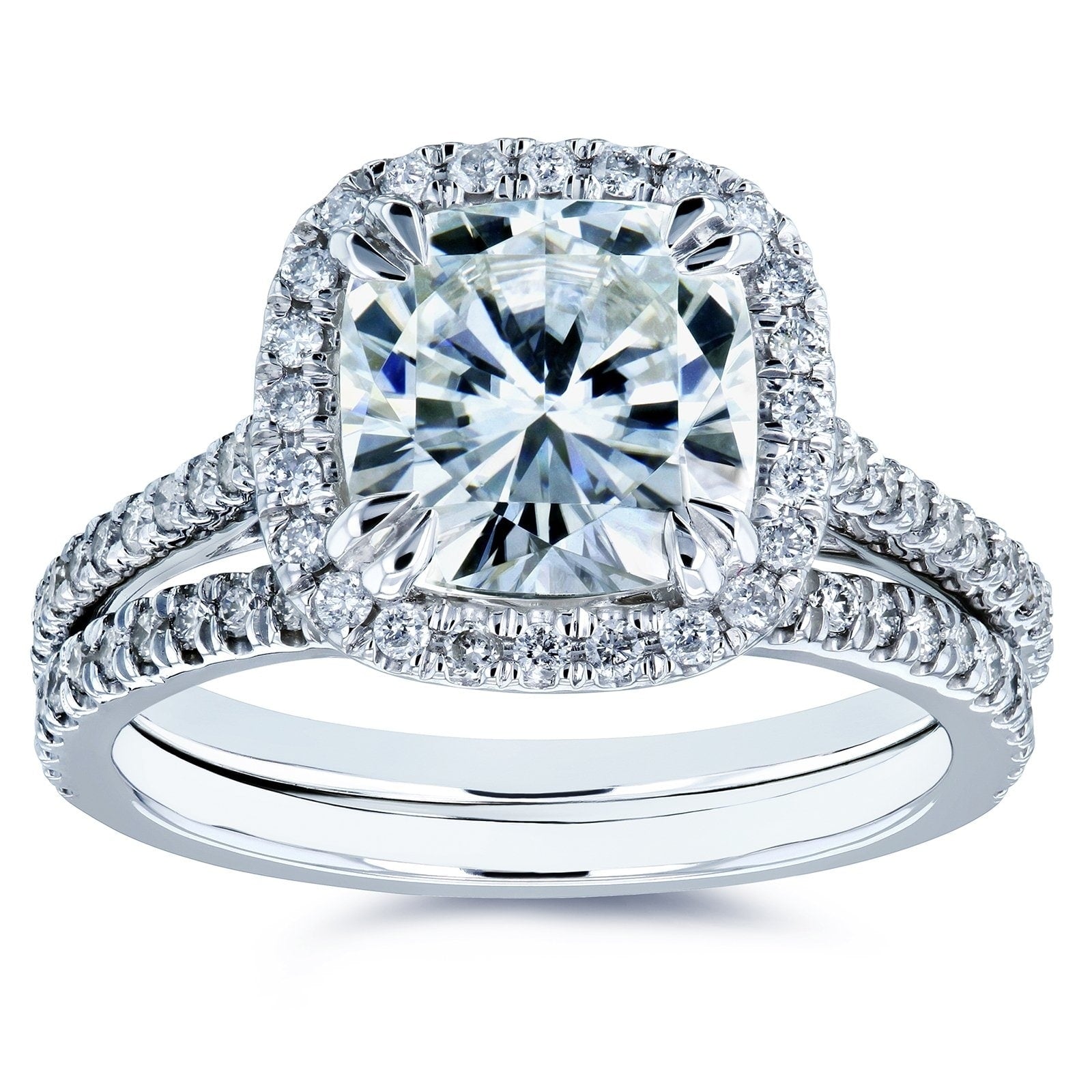 Annello By Kobelli 14K White Gold 2 2 5Ct Tgw Cushion Moissanite And Diamond Halo Bridal Rings Set Hi Vs Gh I