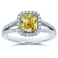 Annello By Kobelli 18K Two Tone Gold 1 3 5Ct Tdw Gia Certified Fancy Vivid Yellow Cushion Diamond Halo Split Shank Ring