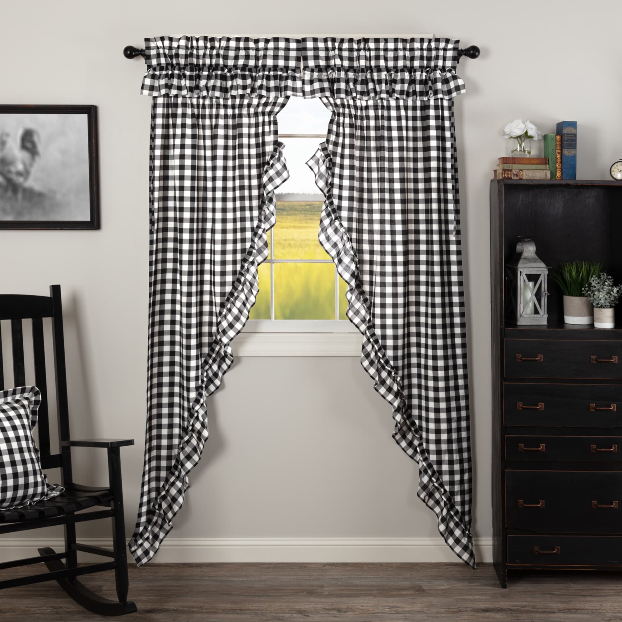 Vhc Annie Buffalo Check Cotton Ruffling Prairie Farmhouse Curtain Panel Pair With Rod Pocket