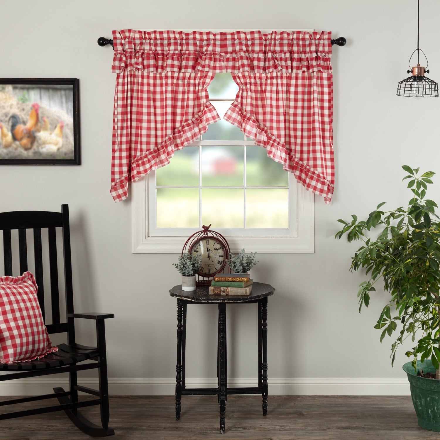 Vhc Annie Buffalo Check Farmhouse White Black Cotton Ruffling Prairie Kitchen Swag Curtain Pair With Rod Pocket