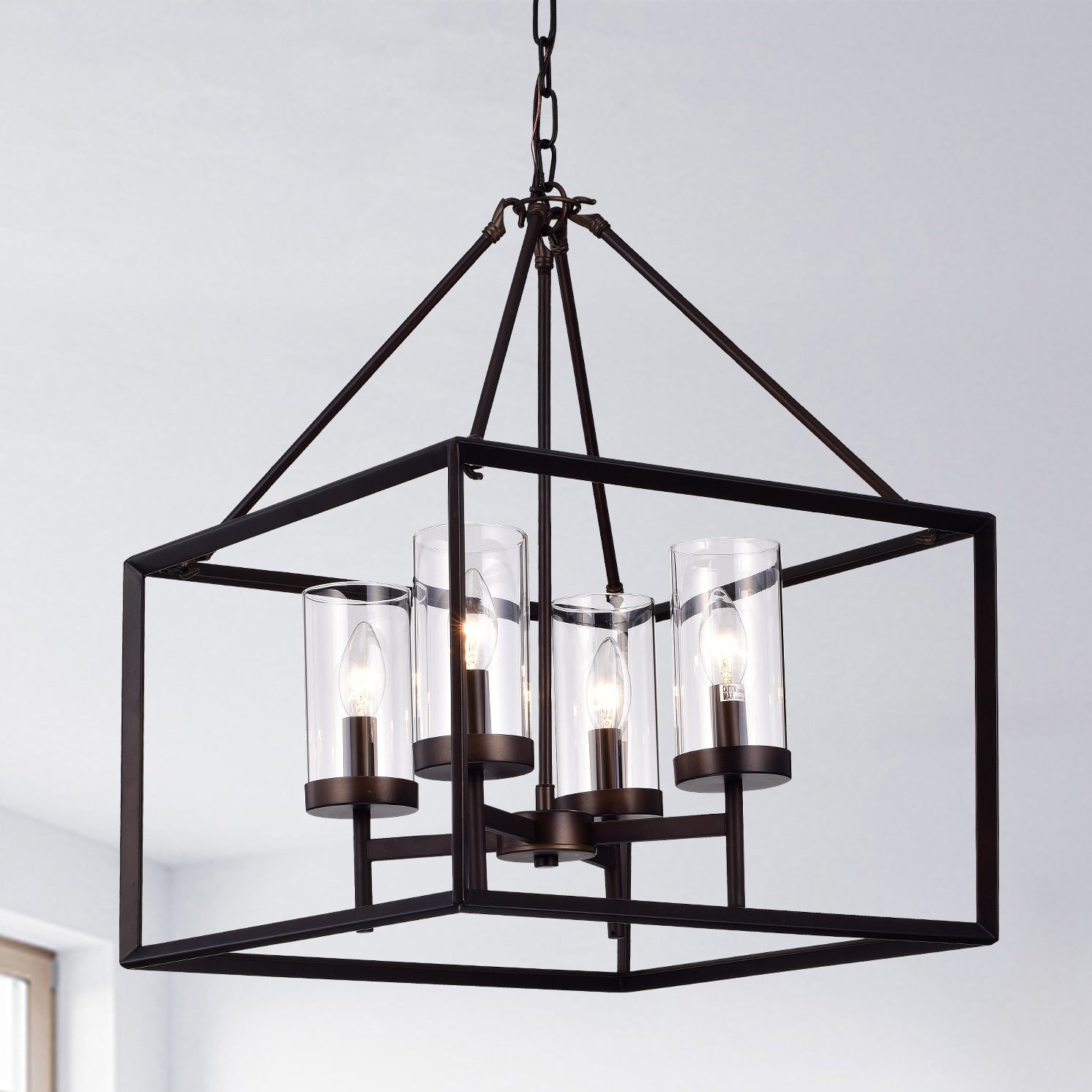 Anson Clear Pillar Glass Antique Bronze 4 Light Square Pendant