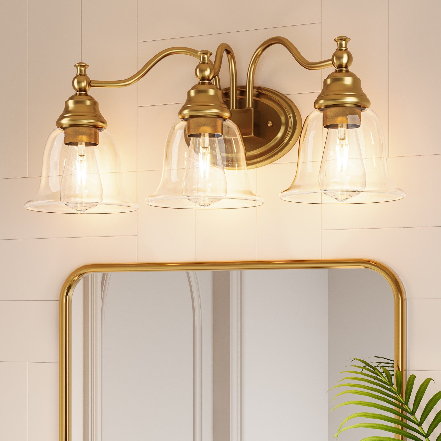 Anti Rust Clear Glass 3 Light Vanity Light Brushed Nickel Brushed Brass Wall Mount For Bathroom