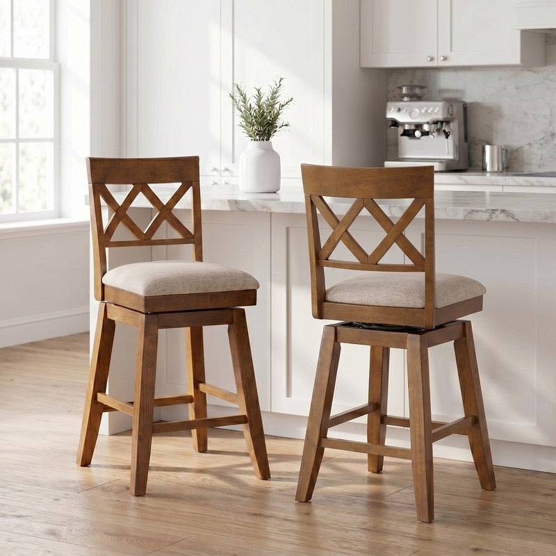 Antique 26.5 Swivel Counter Height Bar Stools Upholstered Seat With Double X Back