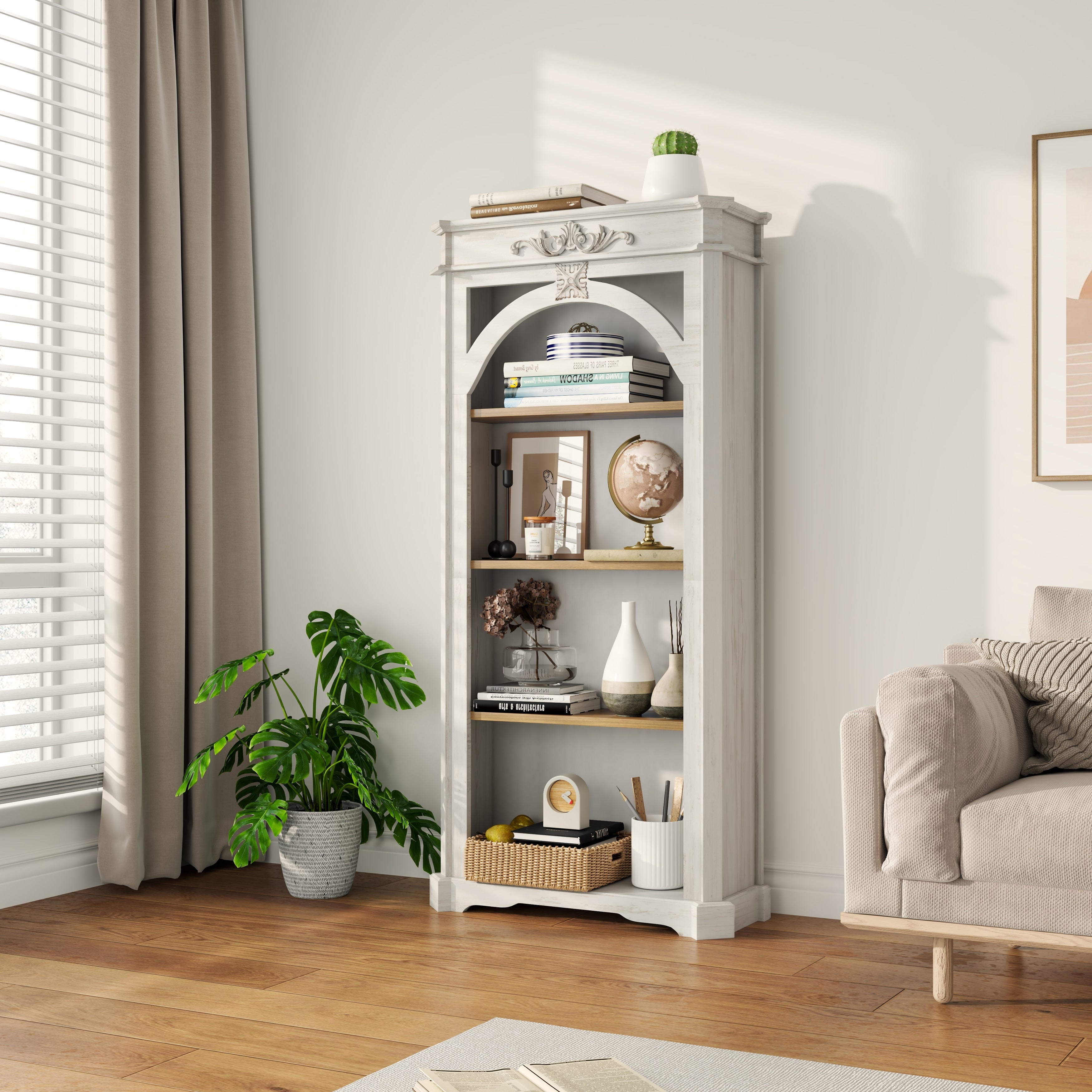 Antique 4 Tiers Bookshelf 65 Inch Tall Bookcase Tall Floor Standing Bookcase For Home Office Living Room Antique White