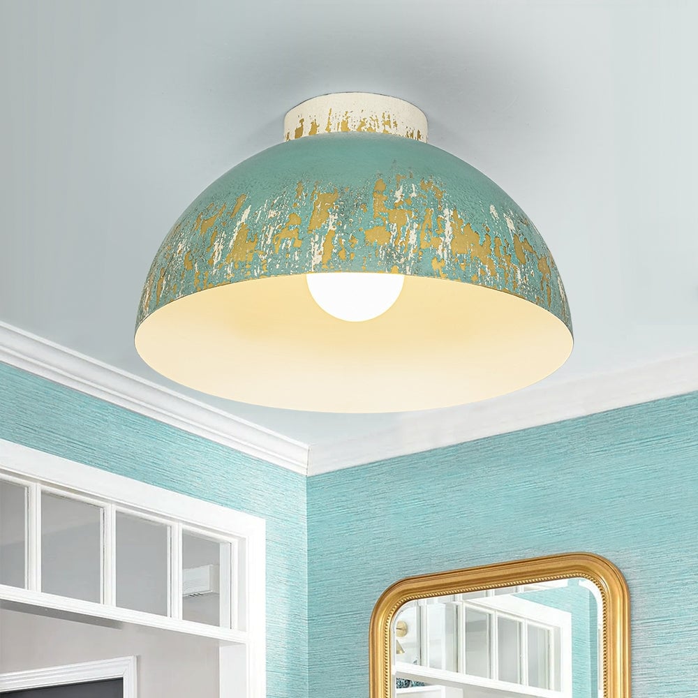 Antique Artisanal Oxidized Teal Patina Iron Dome Ceiling Light 13.8 Inches