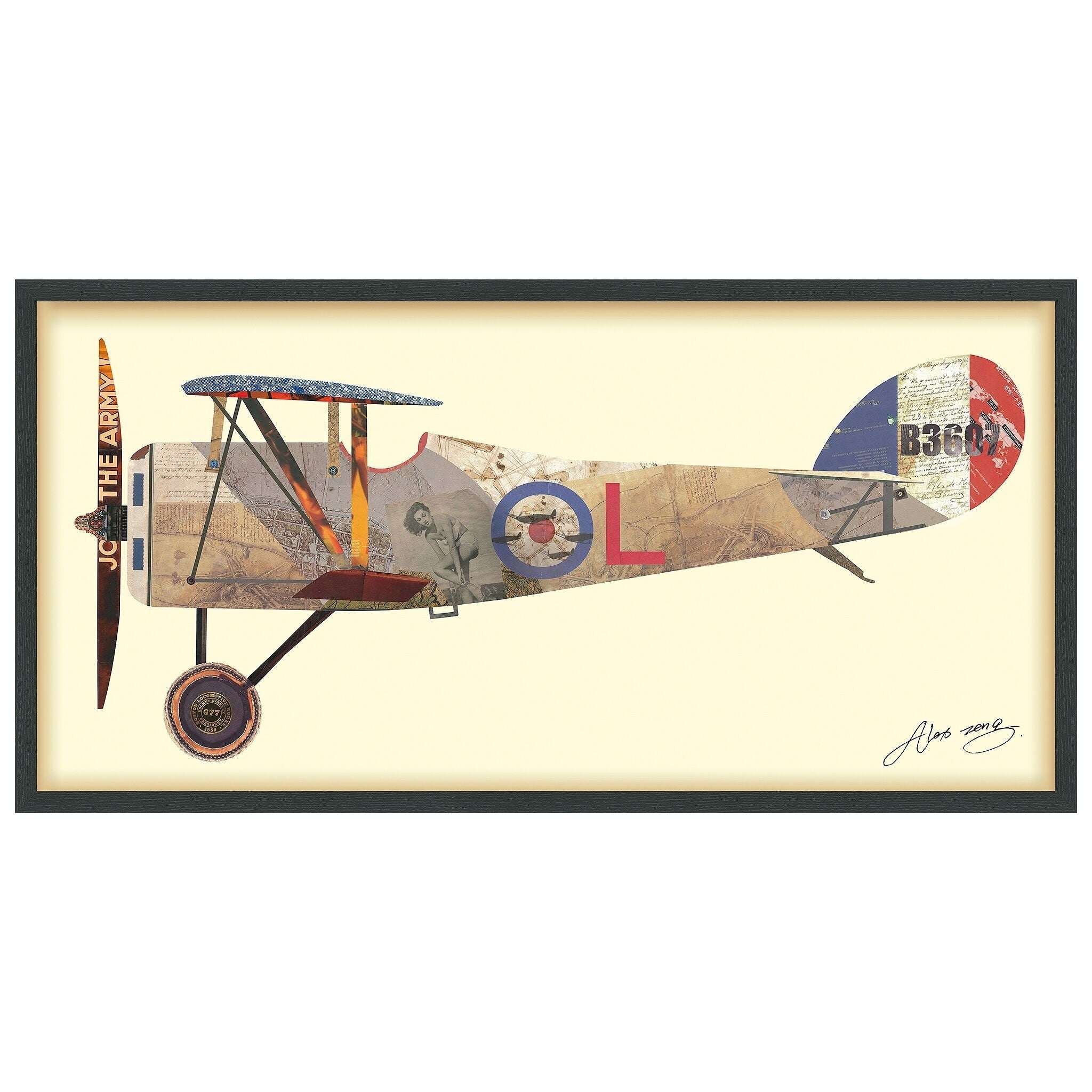 Antique Biplane 1 Hand Made Dimensional Collage Framed Glass Wall Art Under Tempered Glass In Black Frame