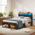 Antique Brown Platform Bed Metal Bed Frame With Led Lighted Upholstered Headboard Adjustable Backrest Built In Charging Station