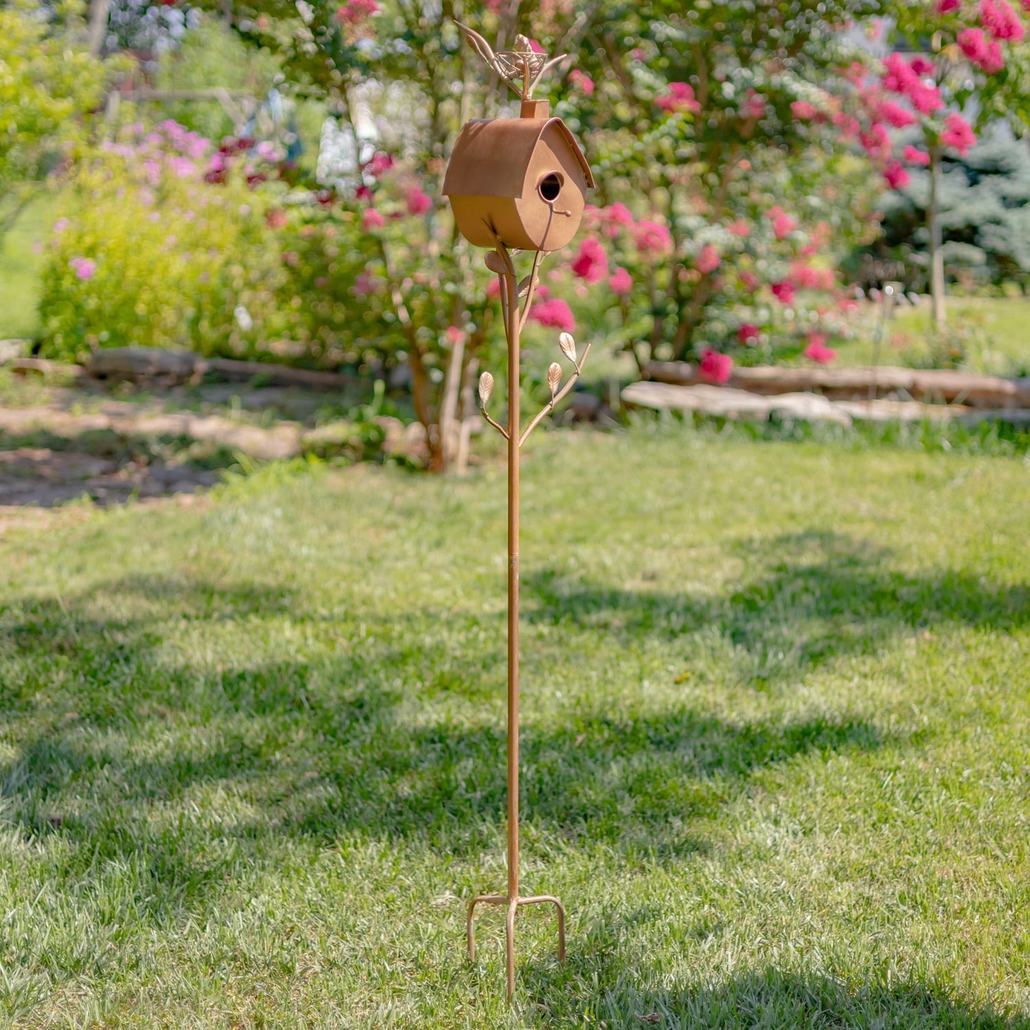 Antique Copper Finished Iron Birdhouse Stake With A Frame Roof