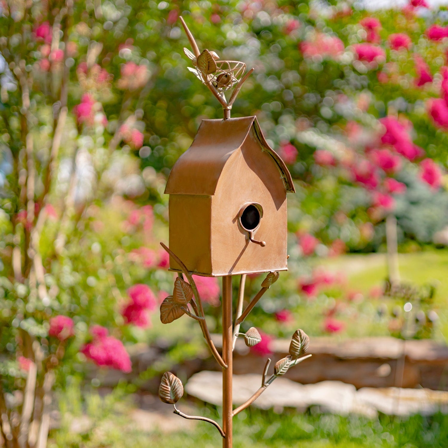Antique Copper Finished Iron Birdhouse Stake With Sloped Roof