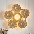 Antique Gold Modern Farmhouse Hand Woven Raffia Rope Five Flower Shaped Frosted Globe Led Wall Lamp Ceiling Light