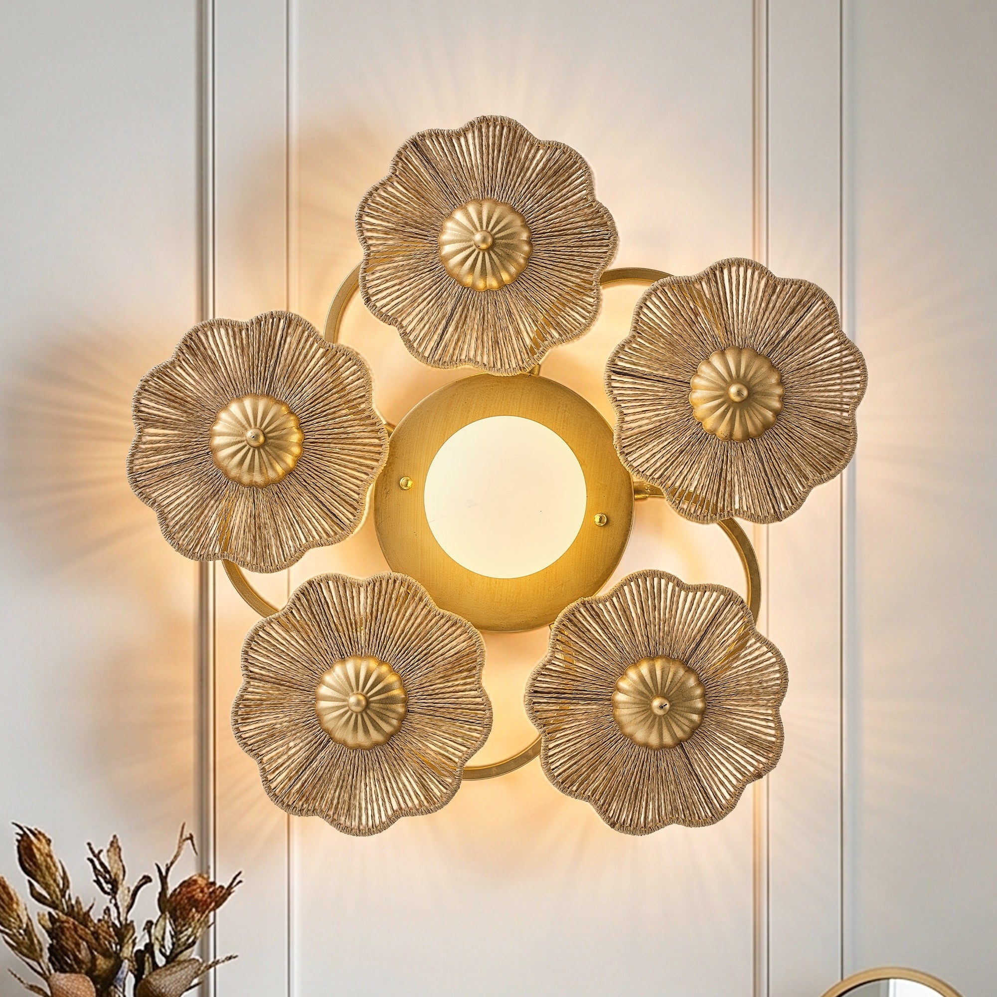 Antique Gold Modern Farmhouse Hand Woven Raffia Rope Five Flower Shaped Frosted Globe Led Wall Lamp Ceiling Light
