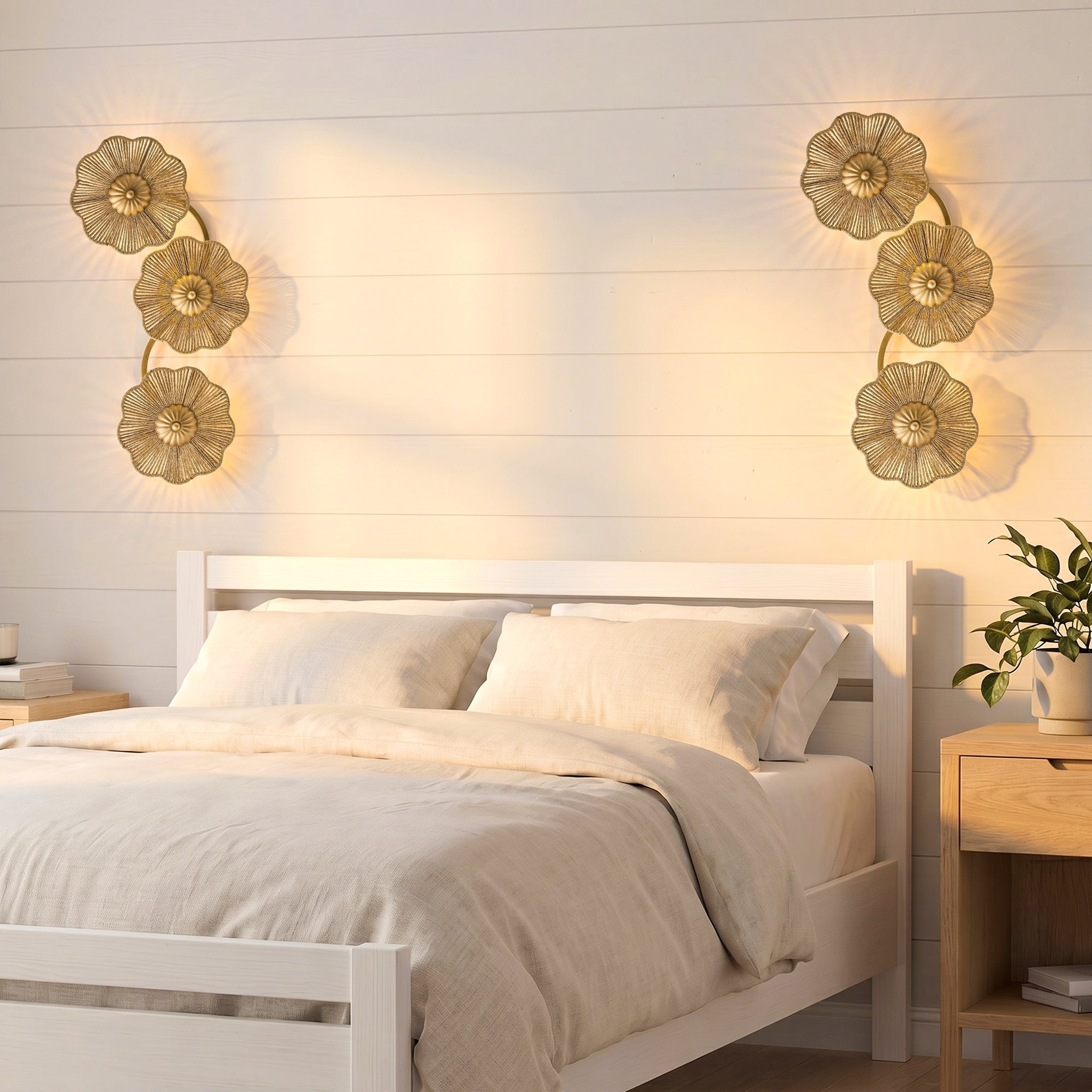 Antique Gold Modern Farmhouse Hand Woven Raffia Rope Three Flower Shaped Led Wall Lamp 7.87 W X 25.39 H