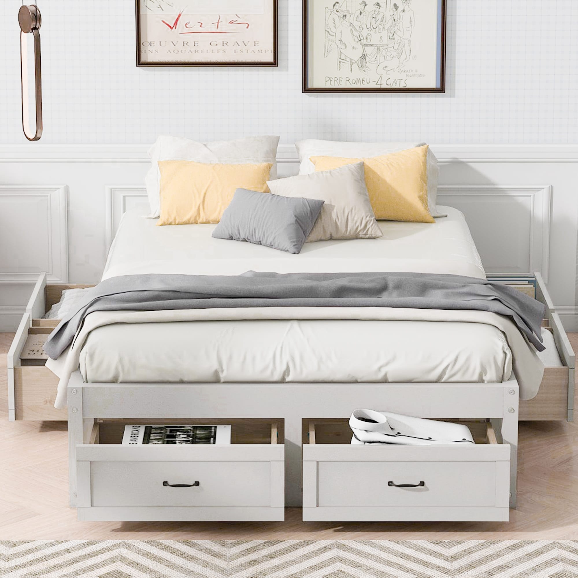 Antique Gray Full Size Platform Bed Frame With 6 Storage Drawers