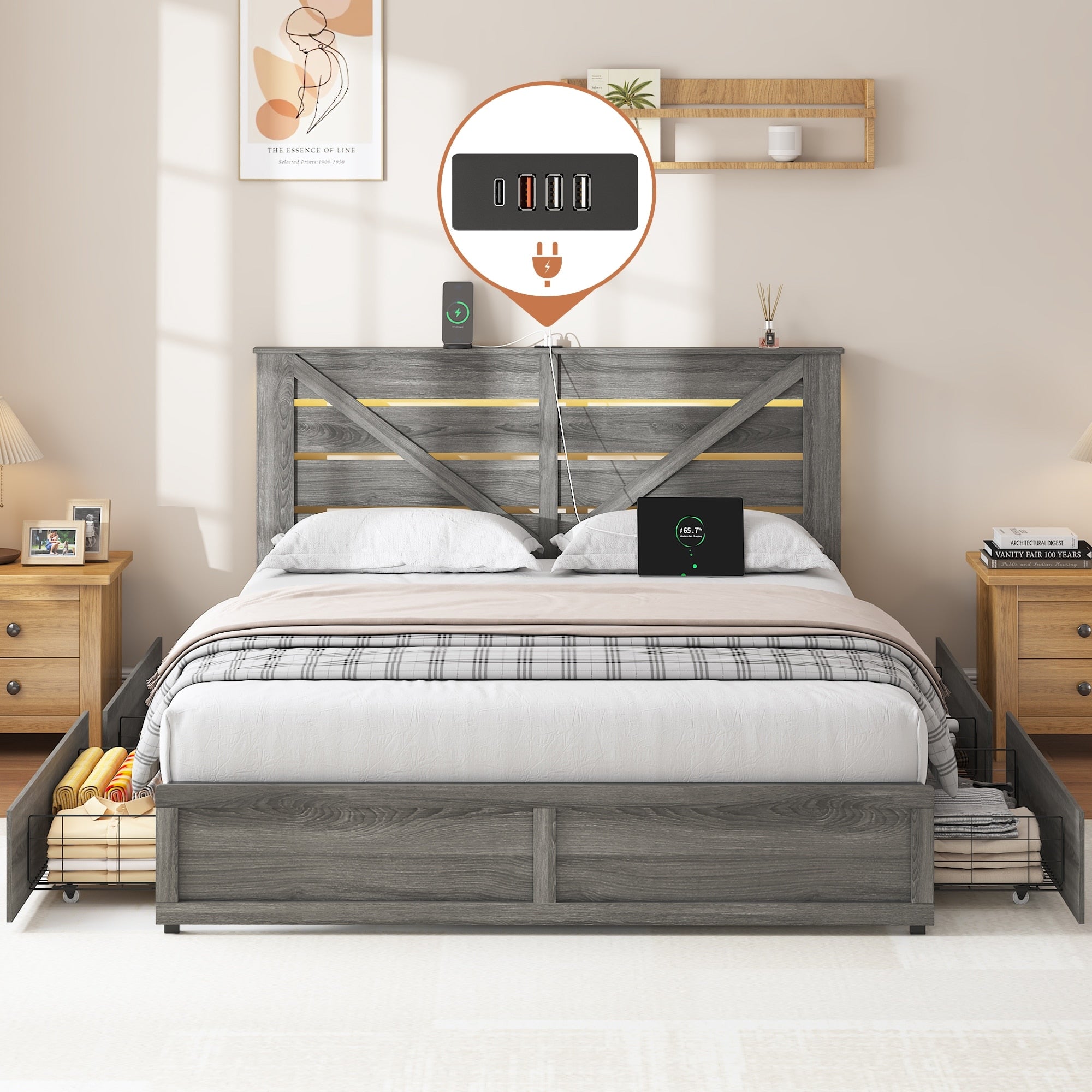 Antique Gray Full Storage Bed Frame With Storage Headboard Drawers
