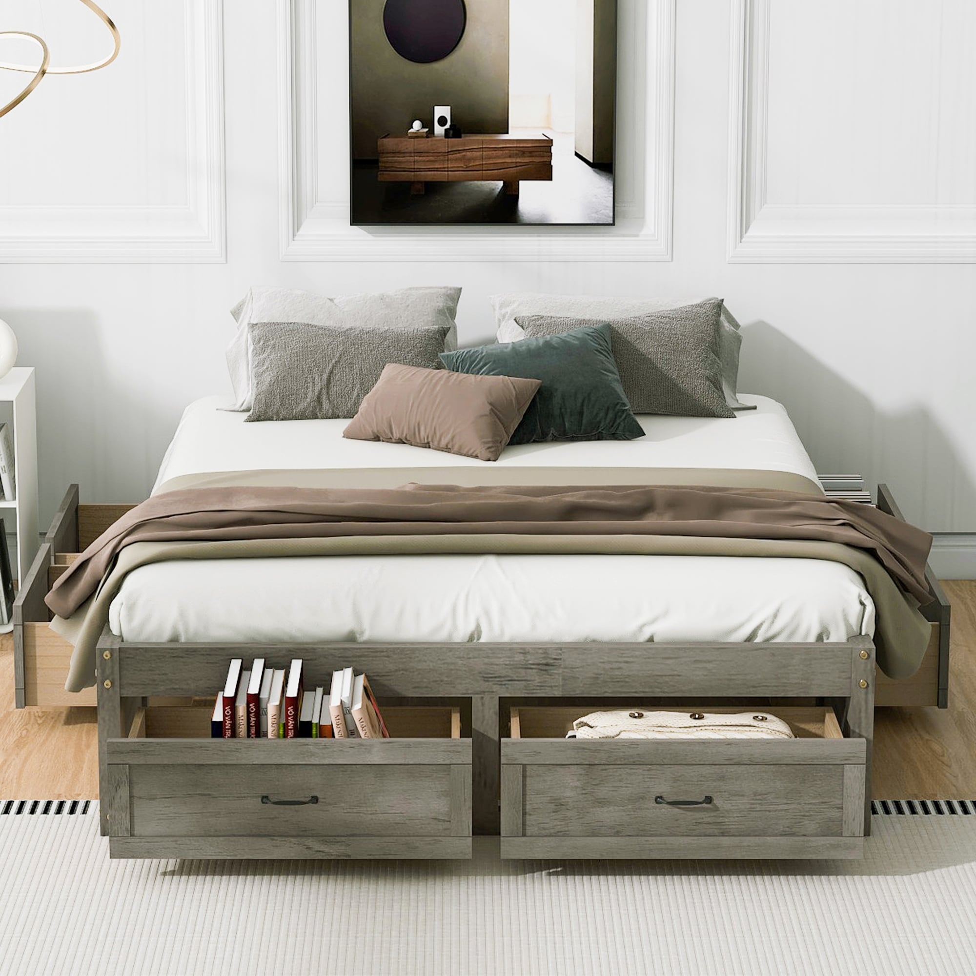 Antique Gray Queen Size Platform Bed Frame With Storage Drawers