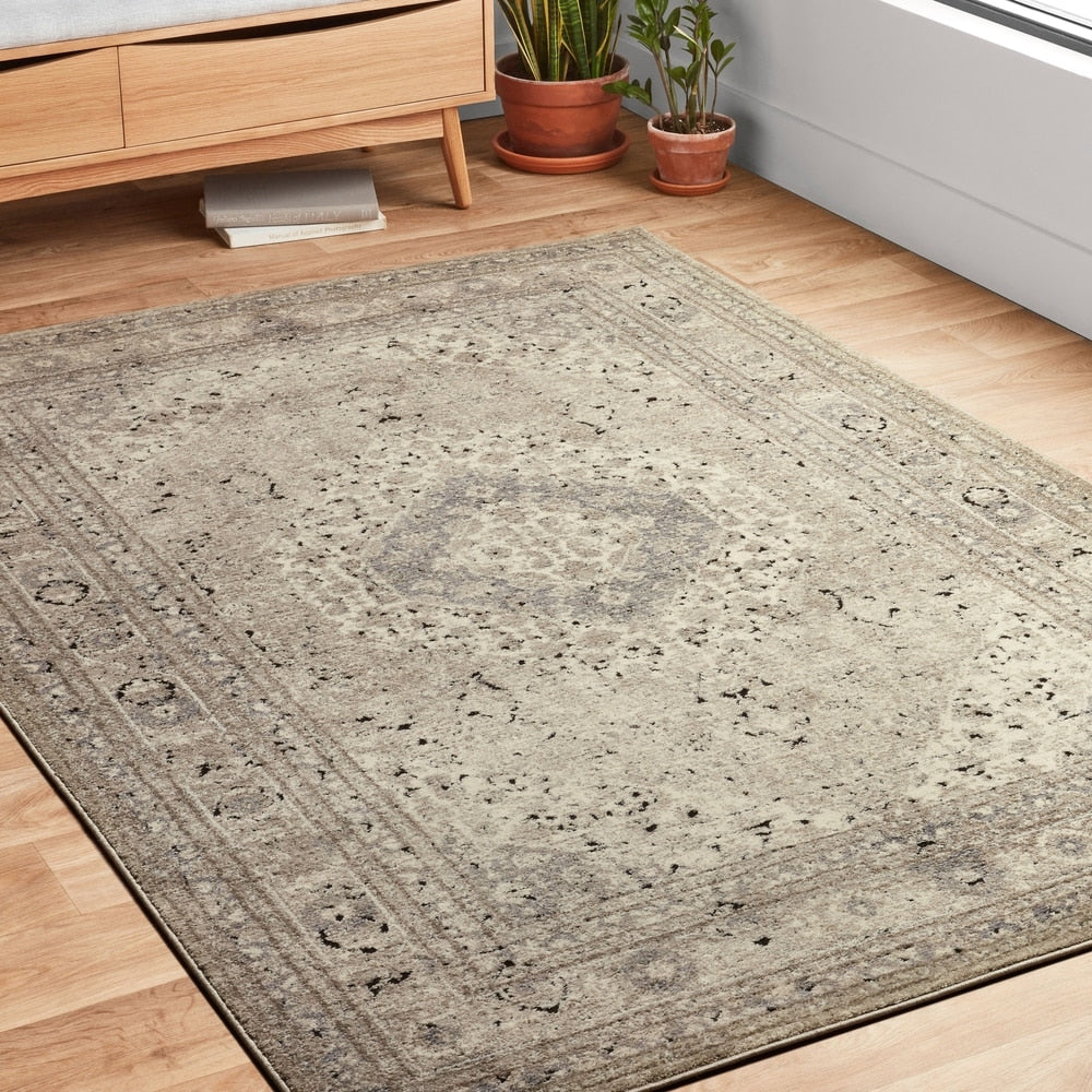 Antique Inspired Vintage Beige Ivory Distressed Rug 96 X 13