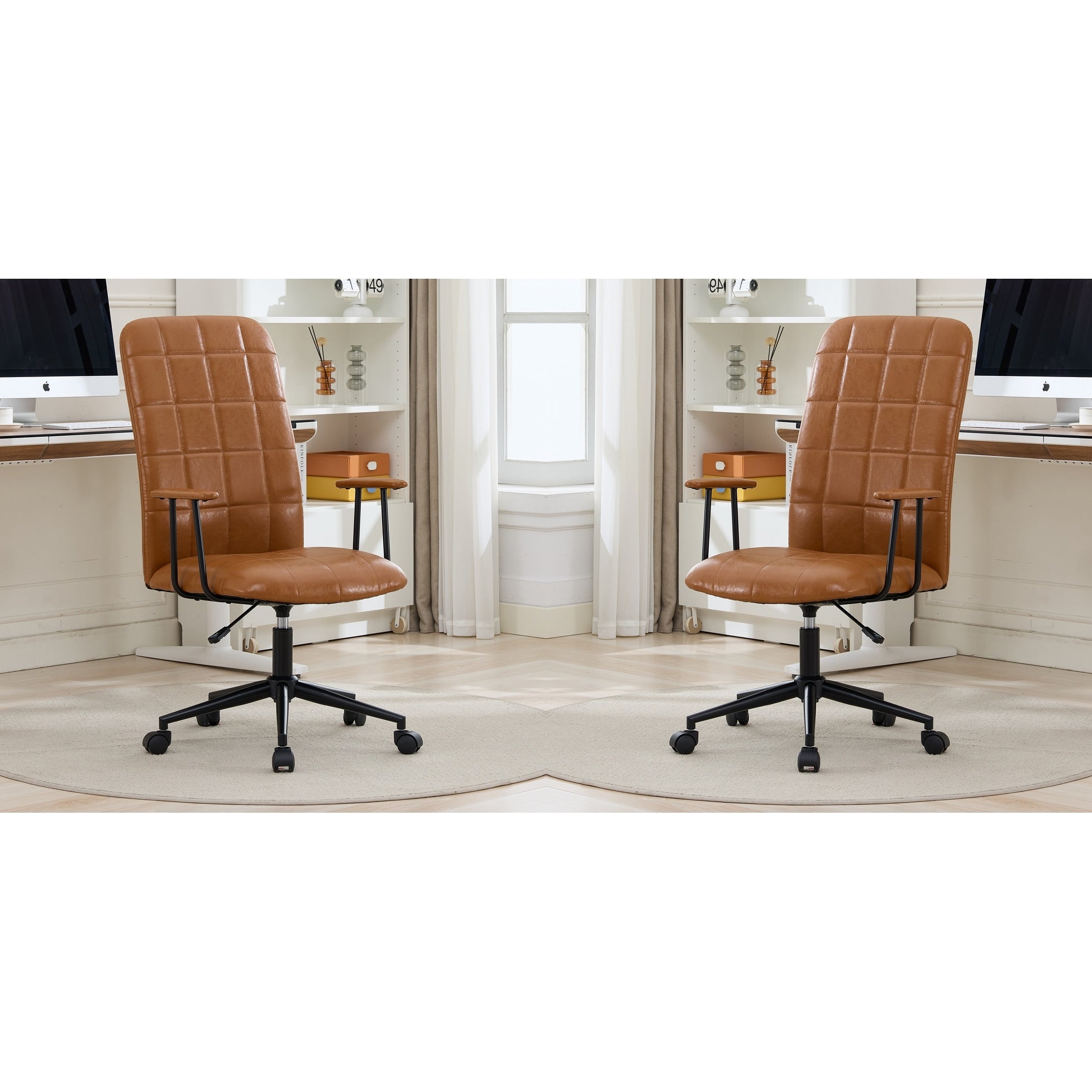 Antique Pu Leather Office Chair 2 Sets With Armrest High Backrest 360 Degree Swivel