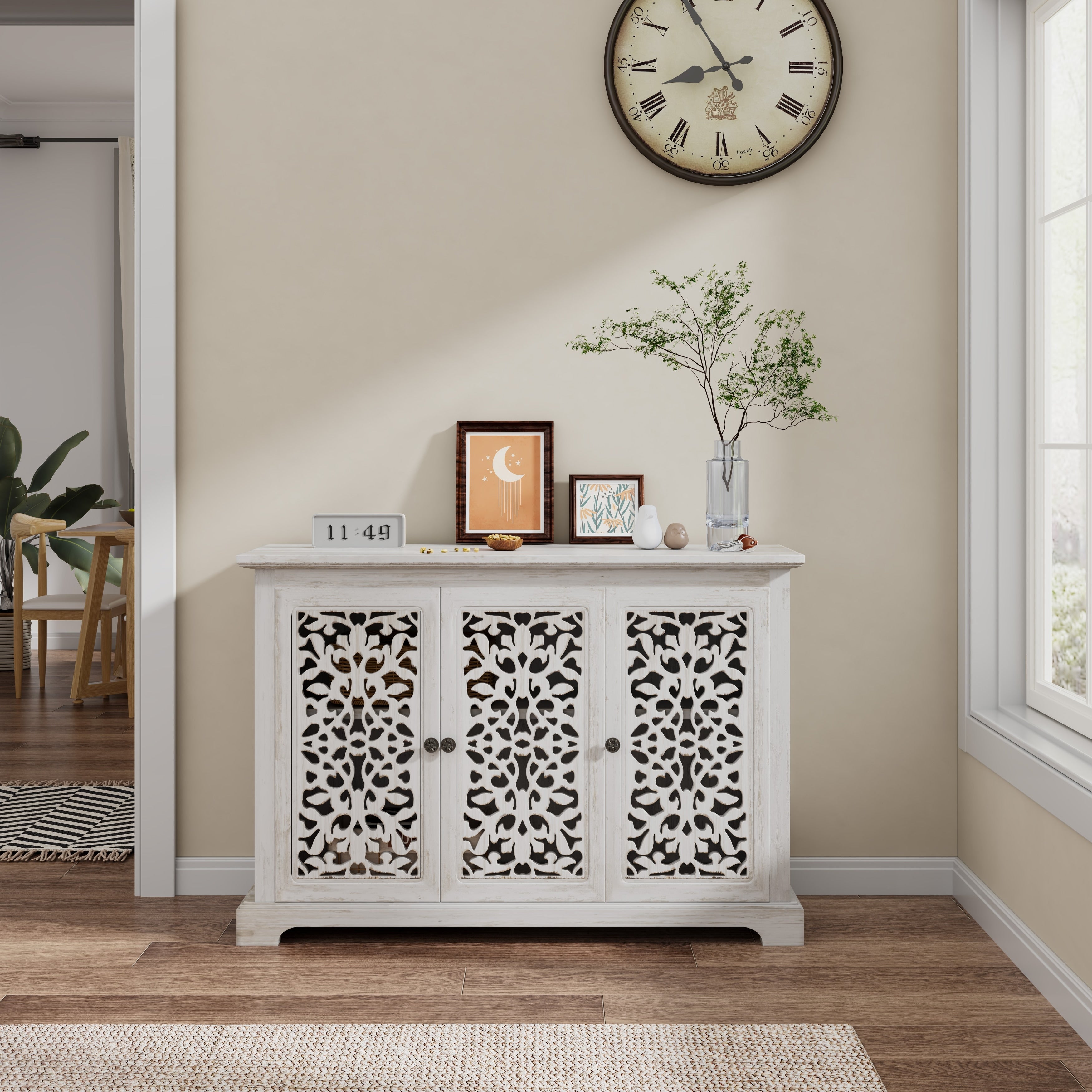 Antique Solid Wood Sideboard Storage Cabinet With 3 Carved Doors Antique White By Gdfstudio