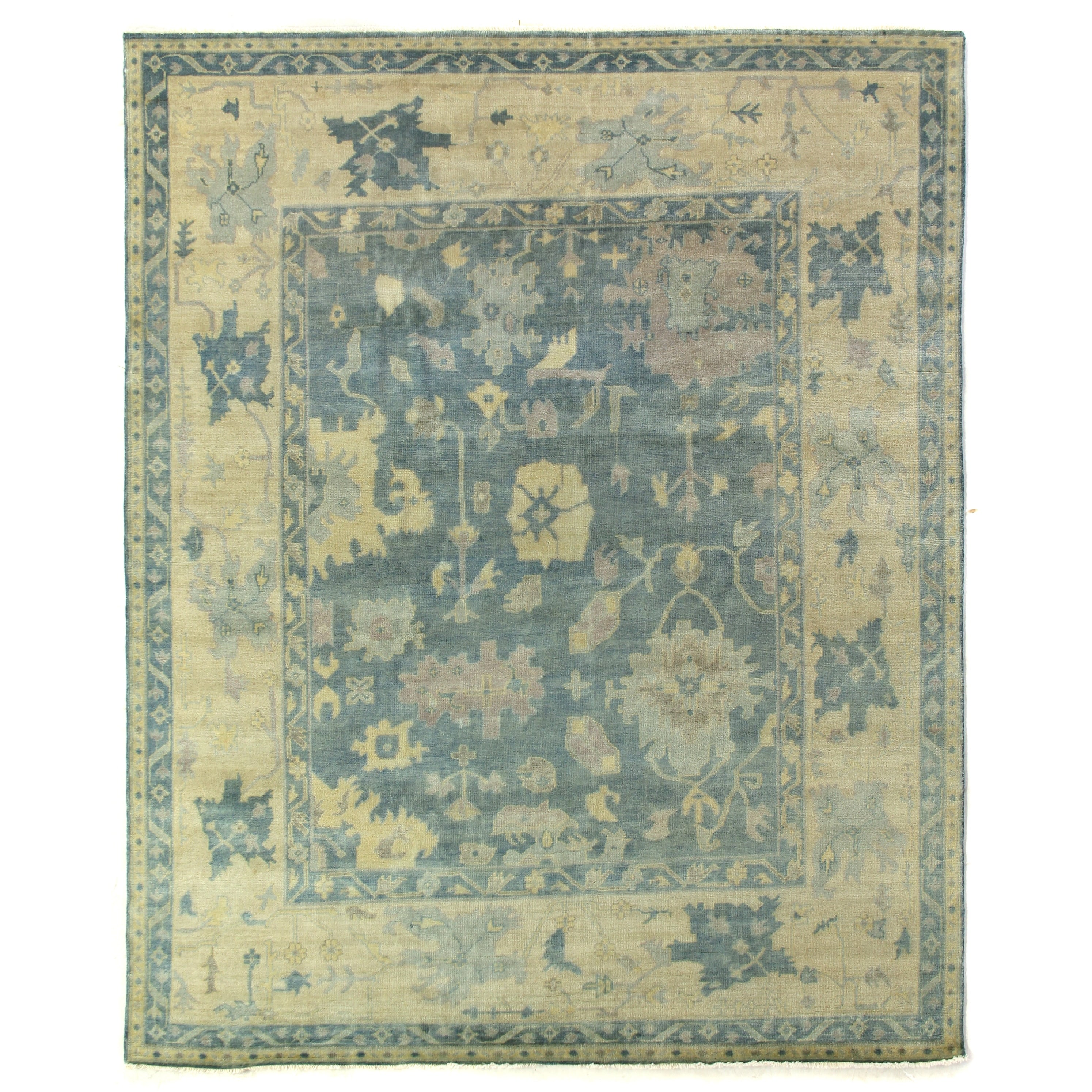 Antique Weave Oushak Hand Knotted New Zealand Wool Blue Ivory Area Rug