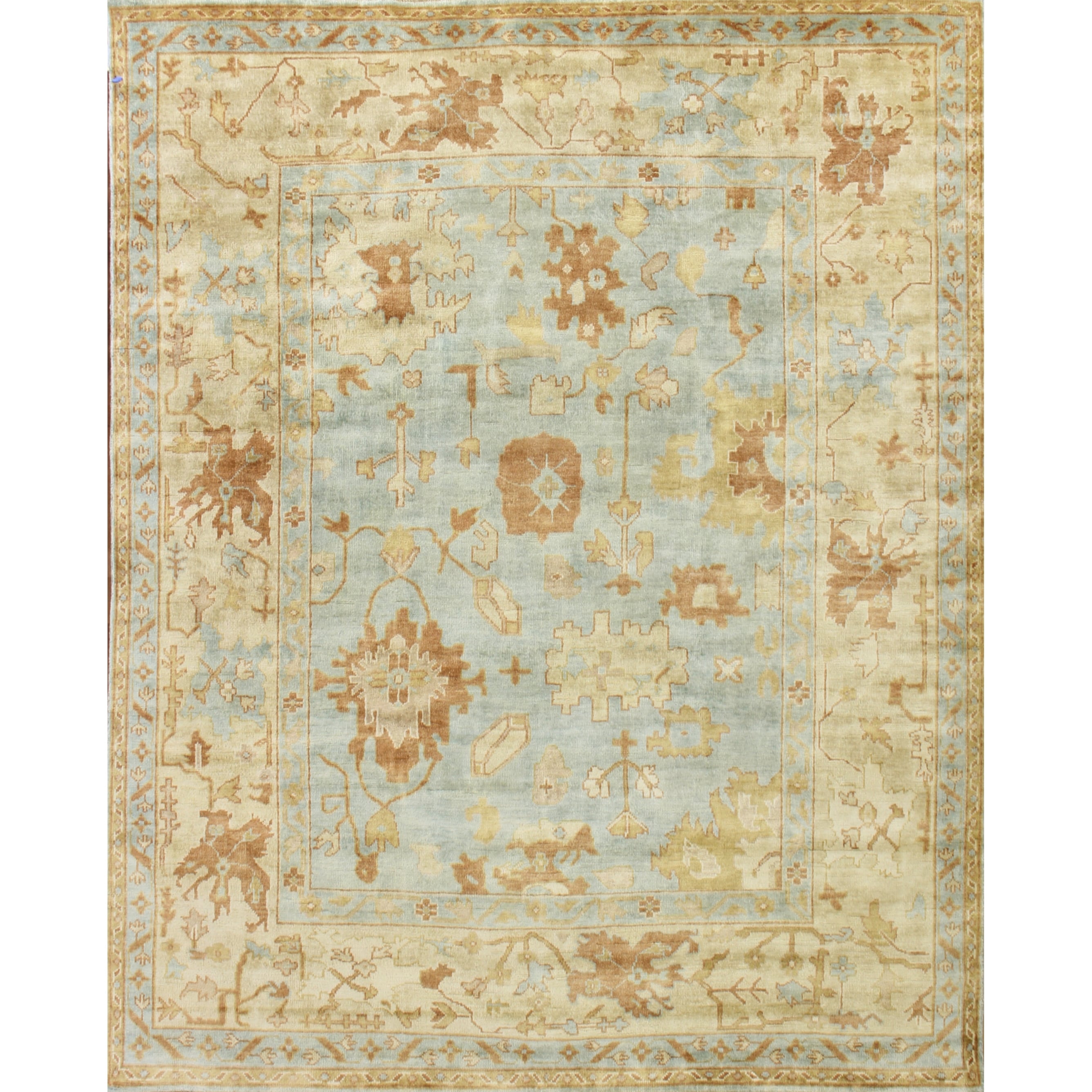 Antique Weave Oushak Hand Knotted New Zealand Wool Dark Blue Beige Area Rug