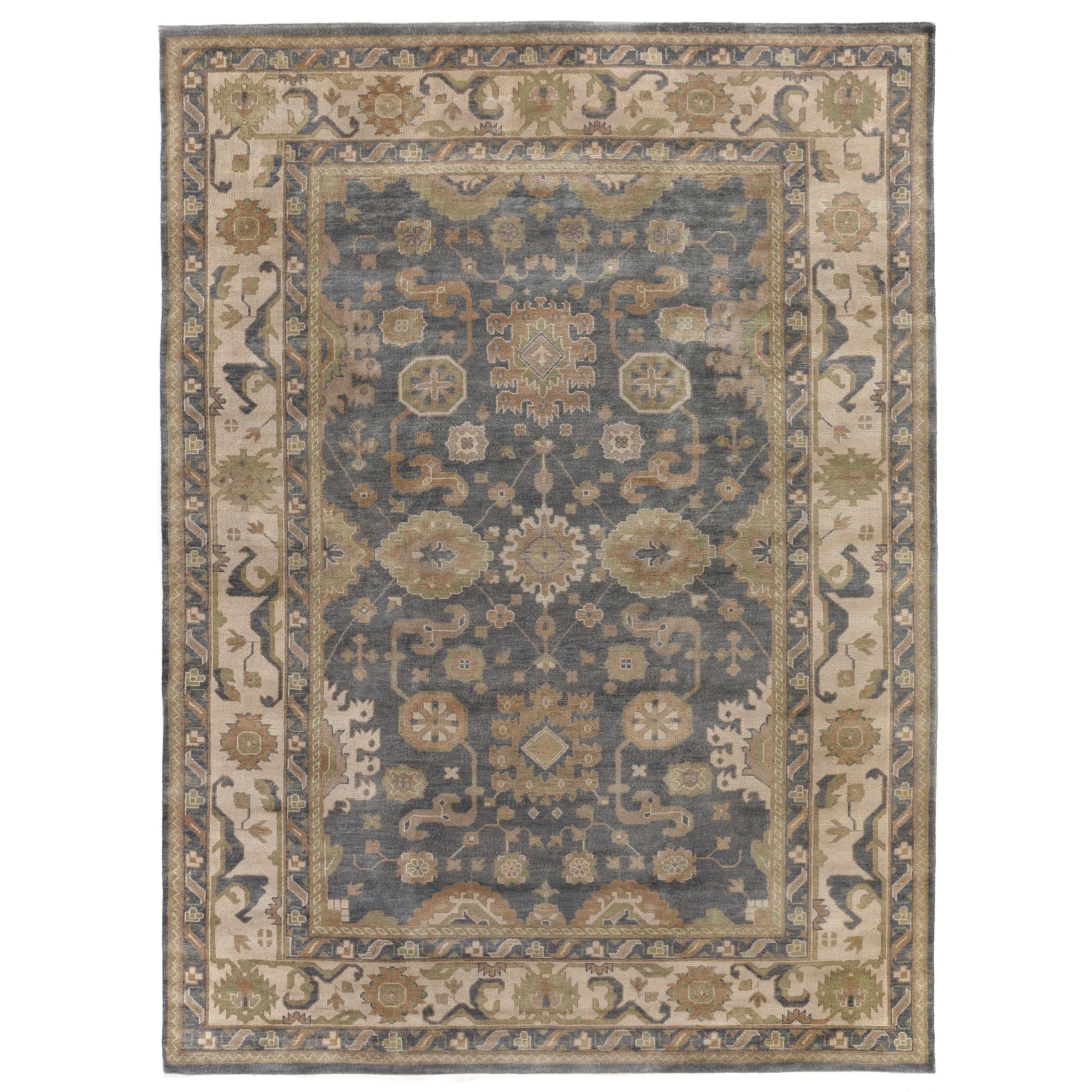 Antique Weave Oushak Hand Knotted New Zealand Wool Ivory Cobalt Area Rug 10 X 14