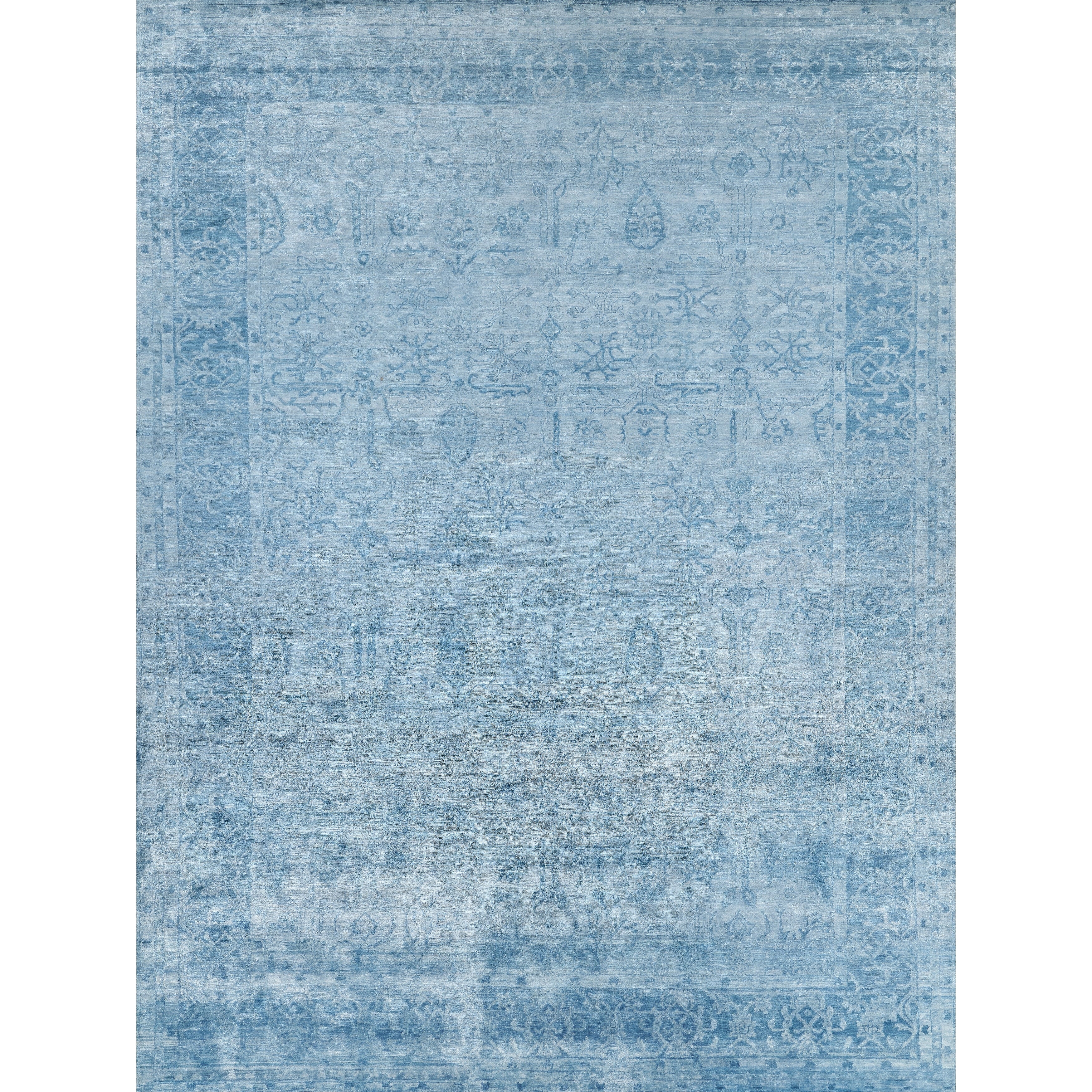 Antiqued Silk Hand Knotted Bamboo Silk Blue Area Rug