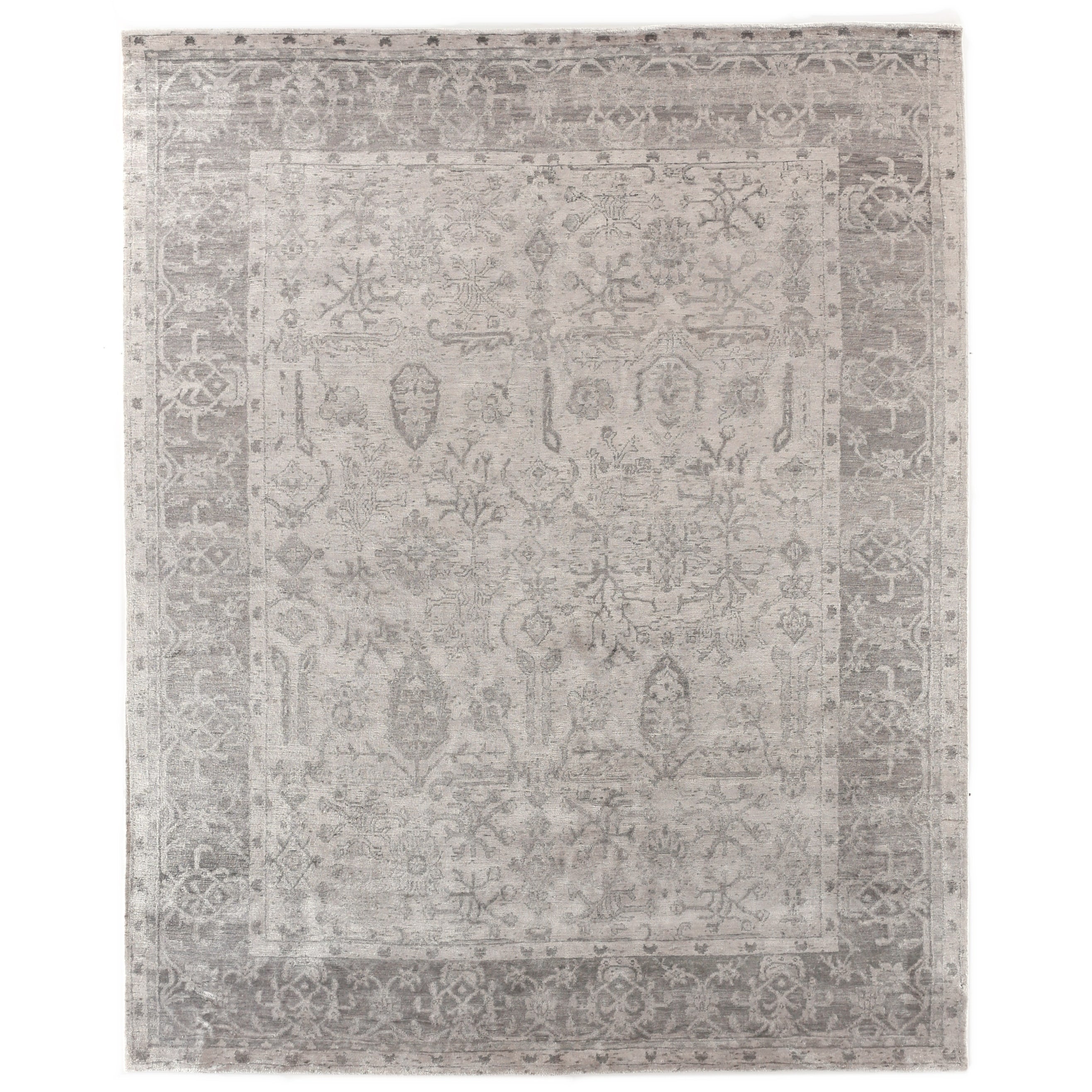 Antiqued Silk Hand Knotted Bamboo Silk Ivory Silver Area Rug