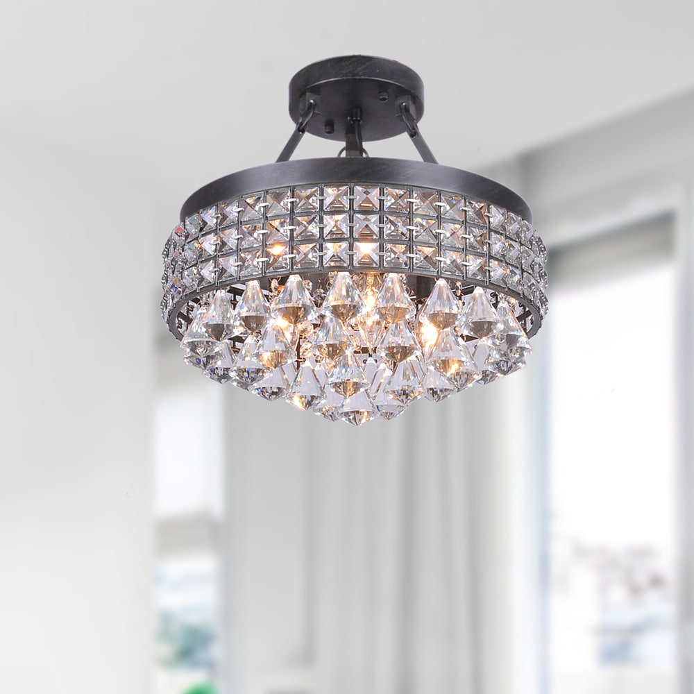 Antonia 4 Light Antique Black Iron Shade Crystal Semi Flush Mount