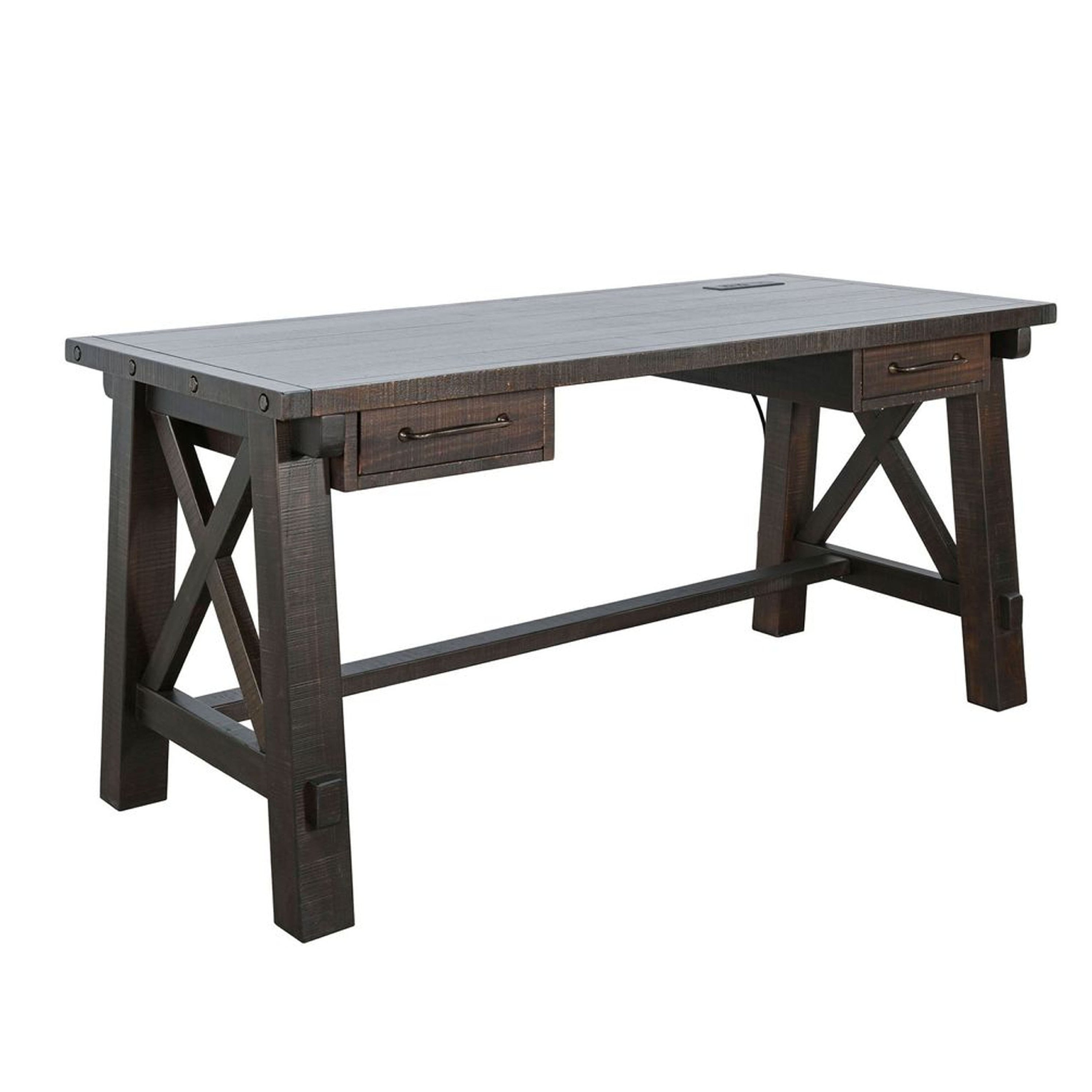 Anva Writing Desk 58 Inch With Power Plug Dark Brown Solid Mahogany