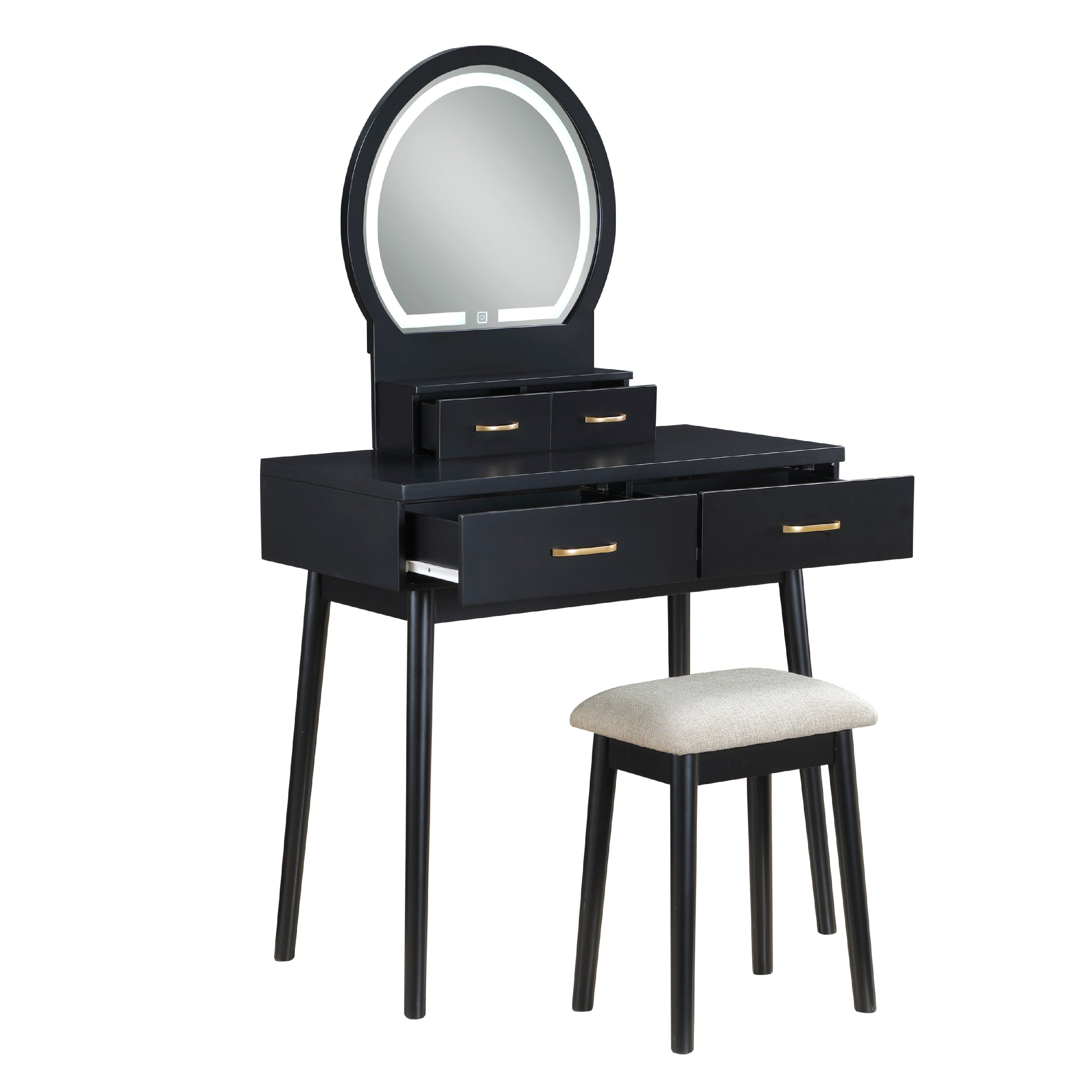 Anvy Vanity Desk Set With Mirror And Stool 4 Drawers Black Wood