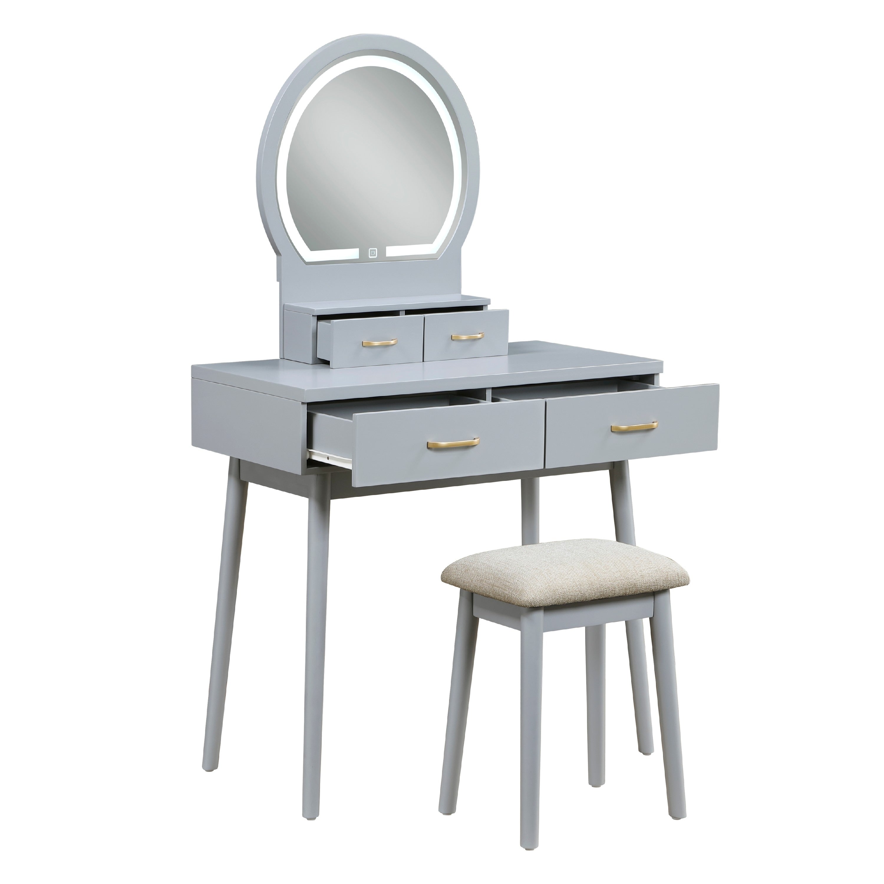 Anvy Vanity Desk Set With Mirror And Stool 4 Drawers Gray Wood