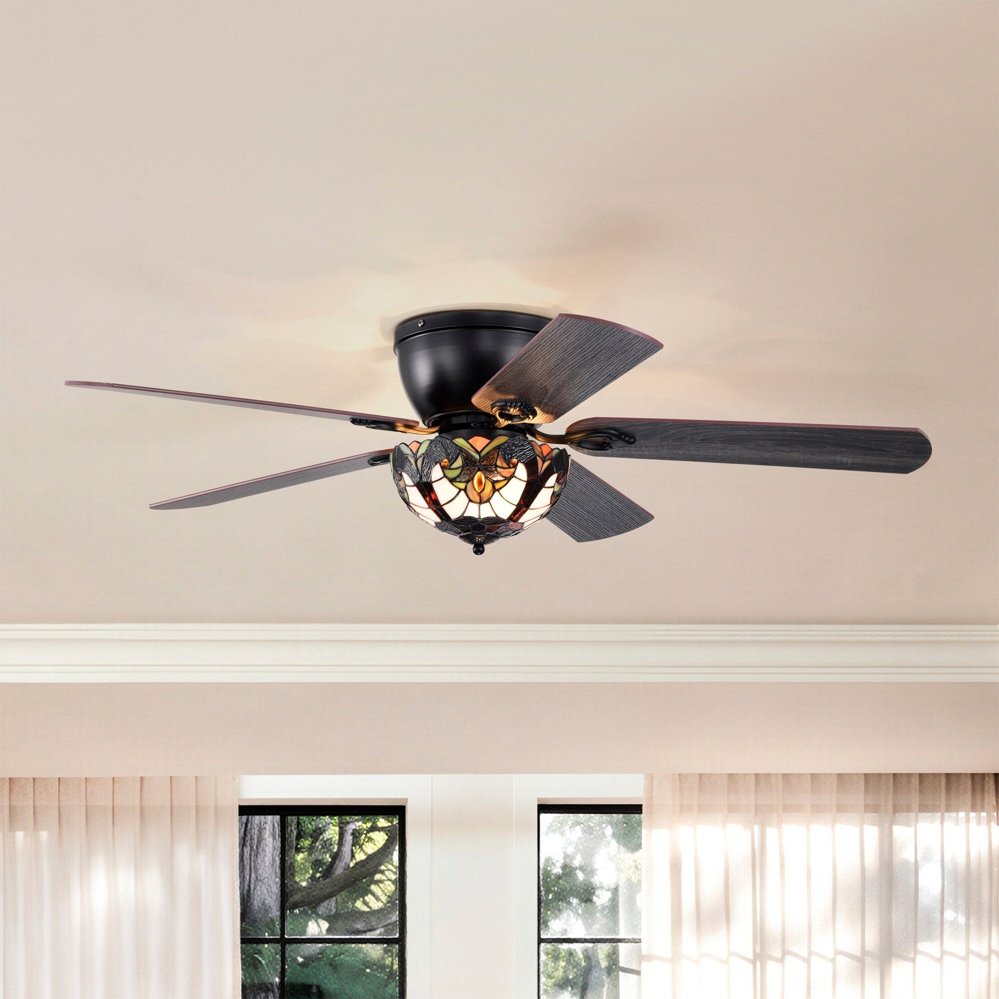 Apgrie 52 Inch Flushmount Lighted Ceiling Fan Warm Tones Tiffany Glass Lamp Black Finish