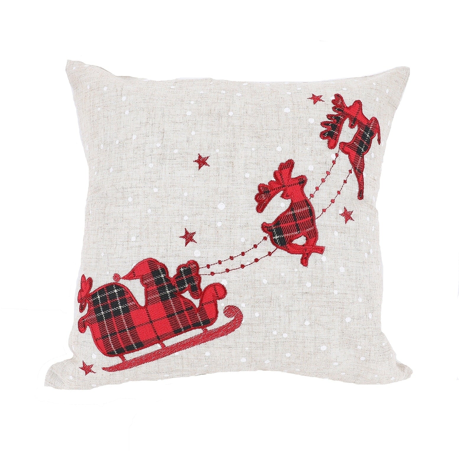 Applique Tartan Santa Sleigh With Reindeers Christmas Pillow 14 By 14 Inch