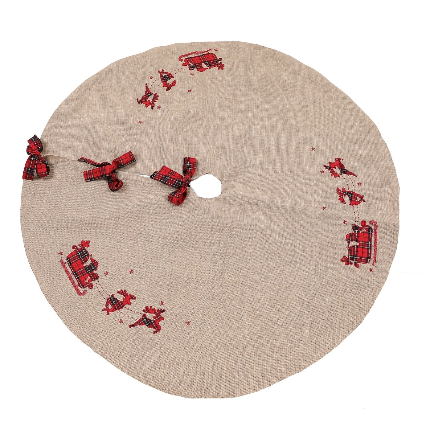 Applique Tartan Santa Sleigh With Reindeers Christmas Tree Skirt 56 Inch Round Jute 56 Round