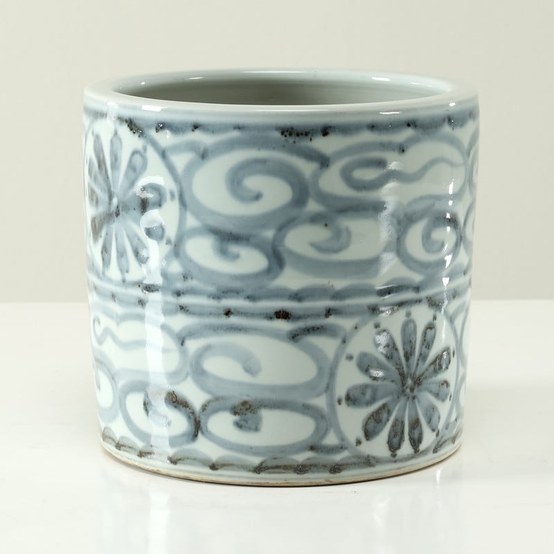 Approx. 8 Inches Tall Subtle Blue And White Pot With Floral Motif