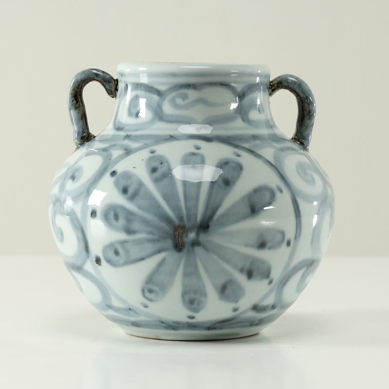 Approx.6 Inches Subtle Blue And White Vase With Two Decorative Handles