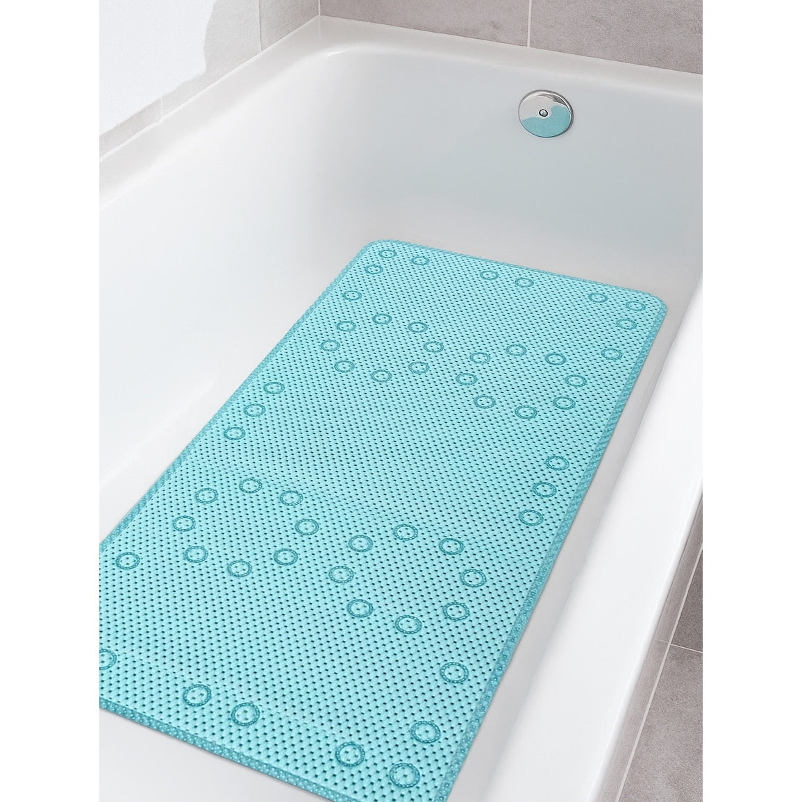 Aqua Blue Non Slip Foam Bathtub Shower Mat With Suction Cups 36 X 17