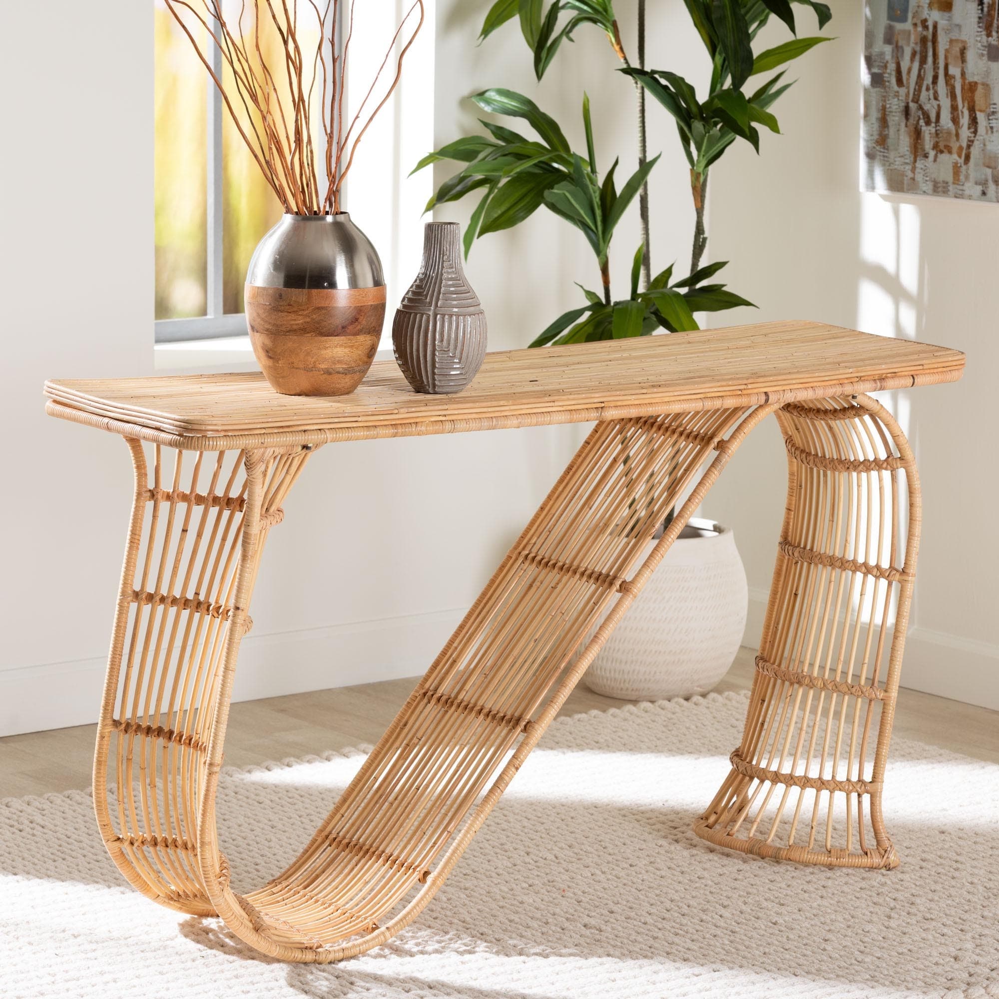 Araceli Rattan S Curve Console Table Handwoven Wicker Sculptural Accent Table For Living Room Or Entryway