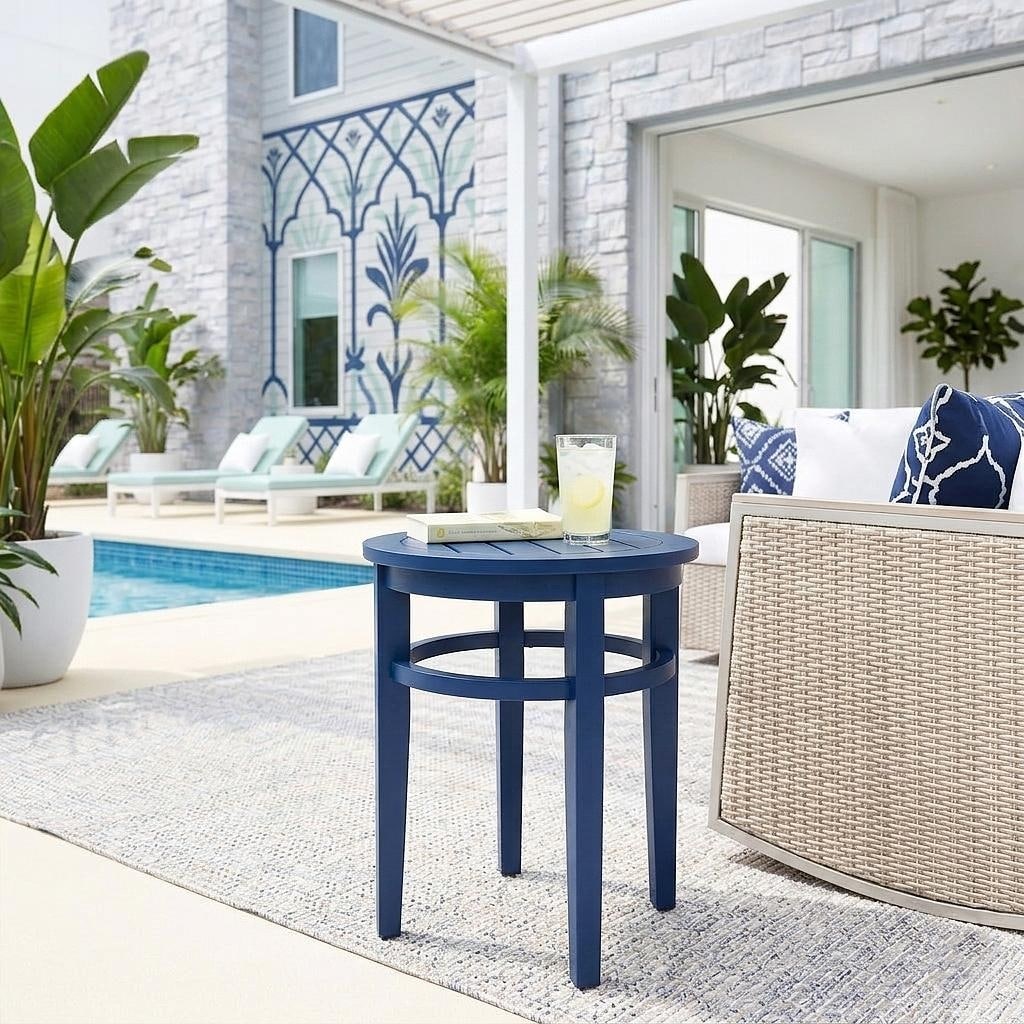 Coastal Navy Blue Side Table Round Solid Wood Accent Table