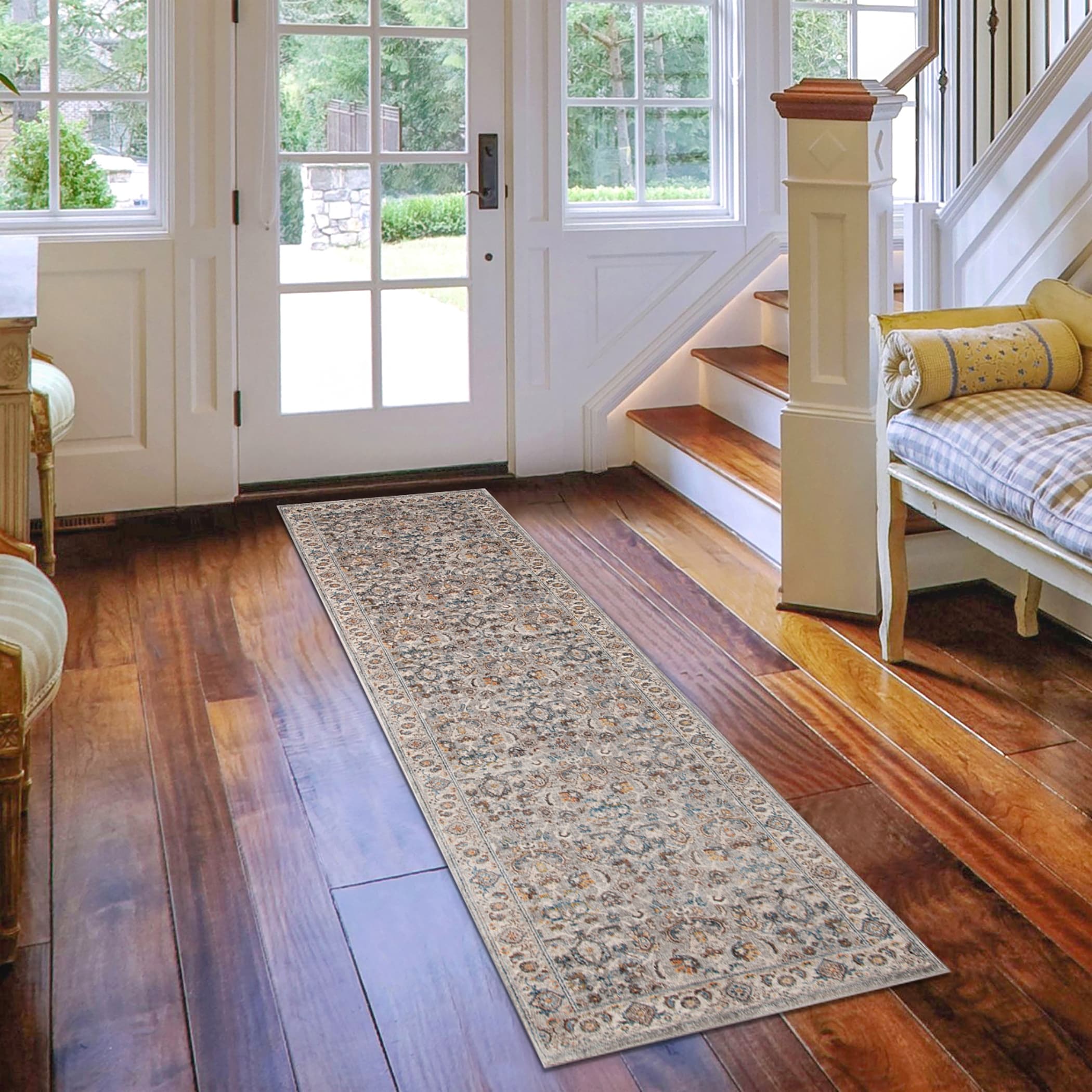 Arcadia Bordered Oriental Gray Beige Area Rug