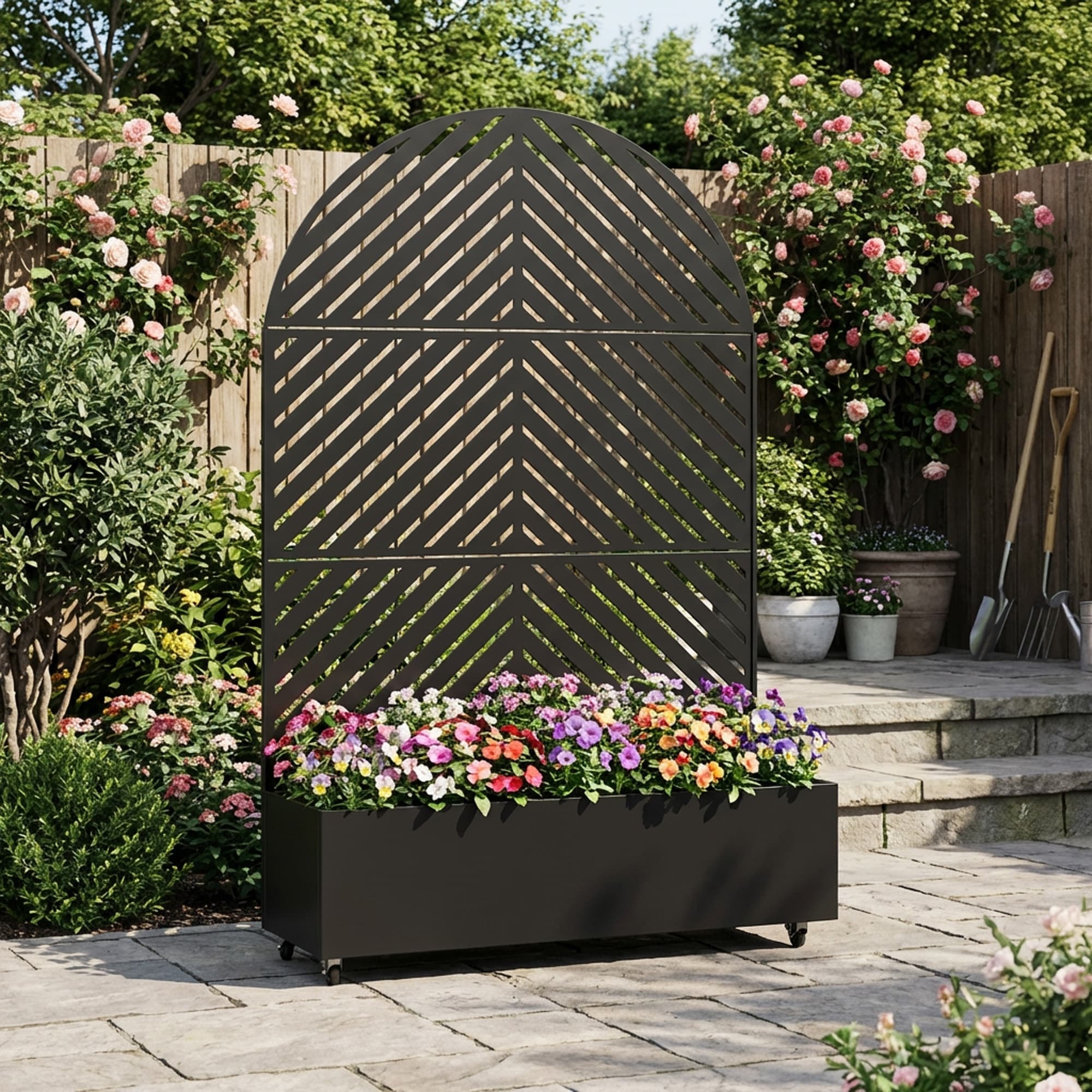 Arch Metal Planter Boxes With Trellis And Wheels Set Of 2