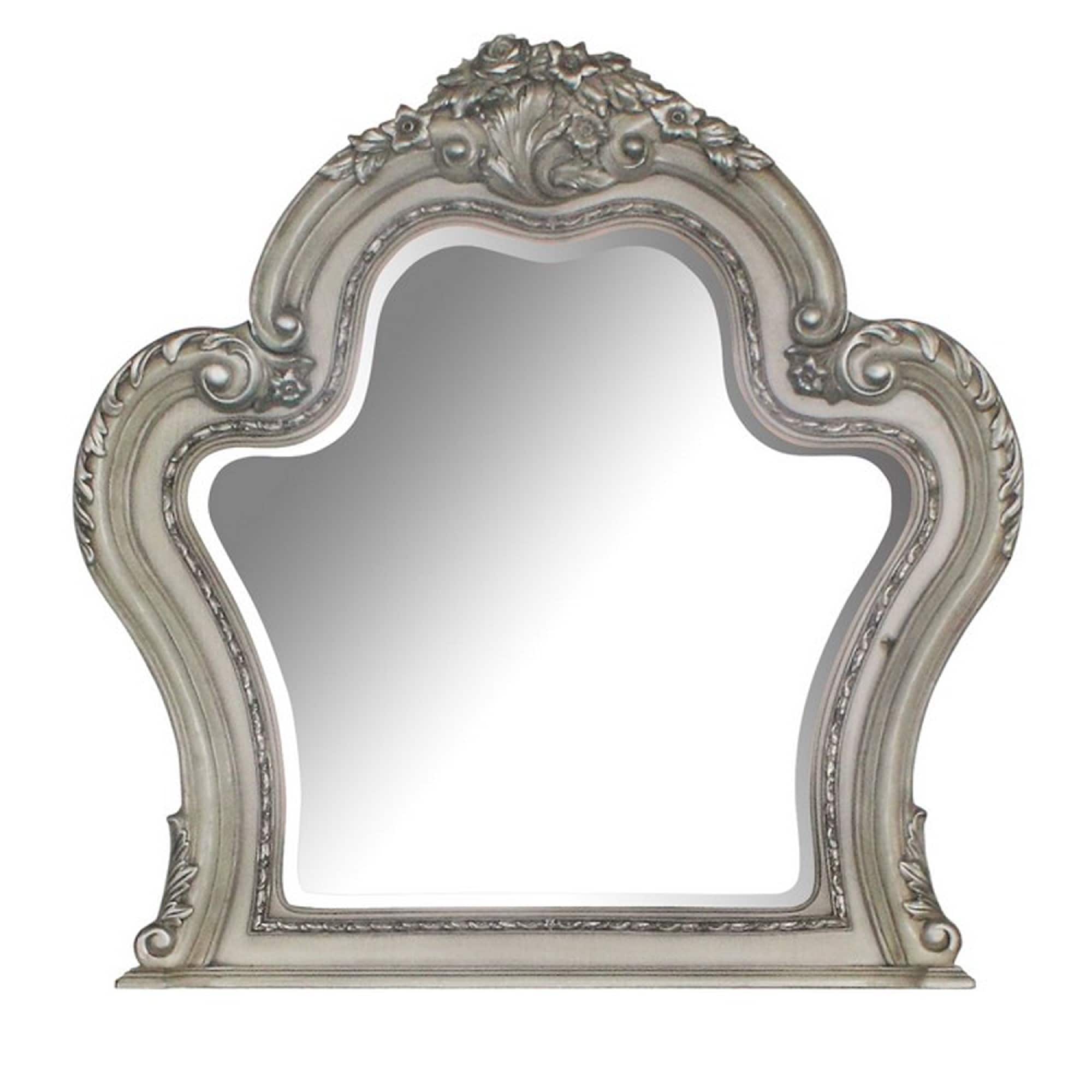 Arch Shape Wooden Frame Wall Mirror With Carved Details Antique Silver