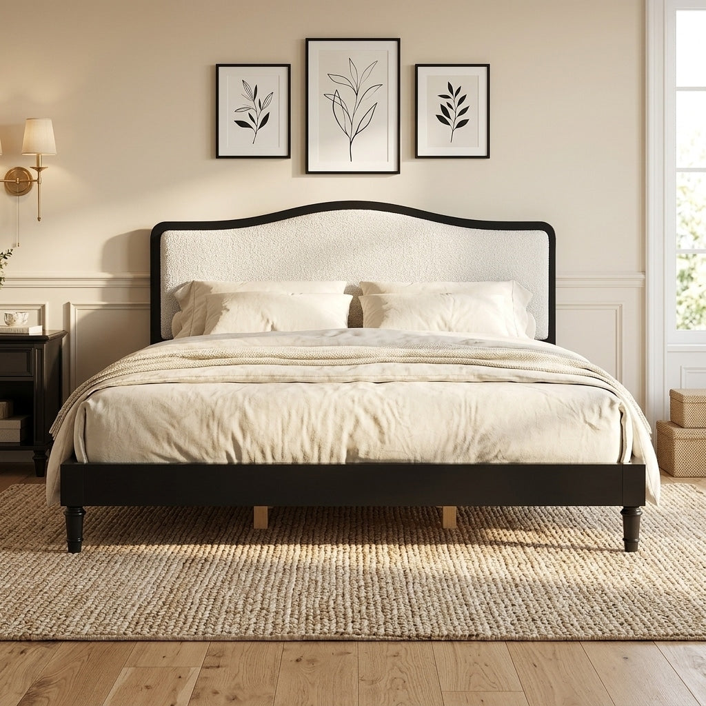 Arched Boucl Panel Platform Bed With Sculpted Wood Frame By Harper Bright Designs
