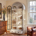 Arched Glass Door Display Cabinet With Iron Frame Tall Curio Bookcase With Drawers Farmhouse Storage Cabinet