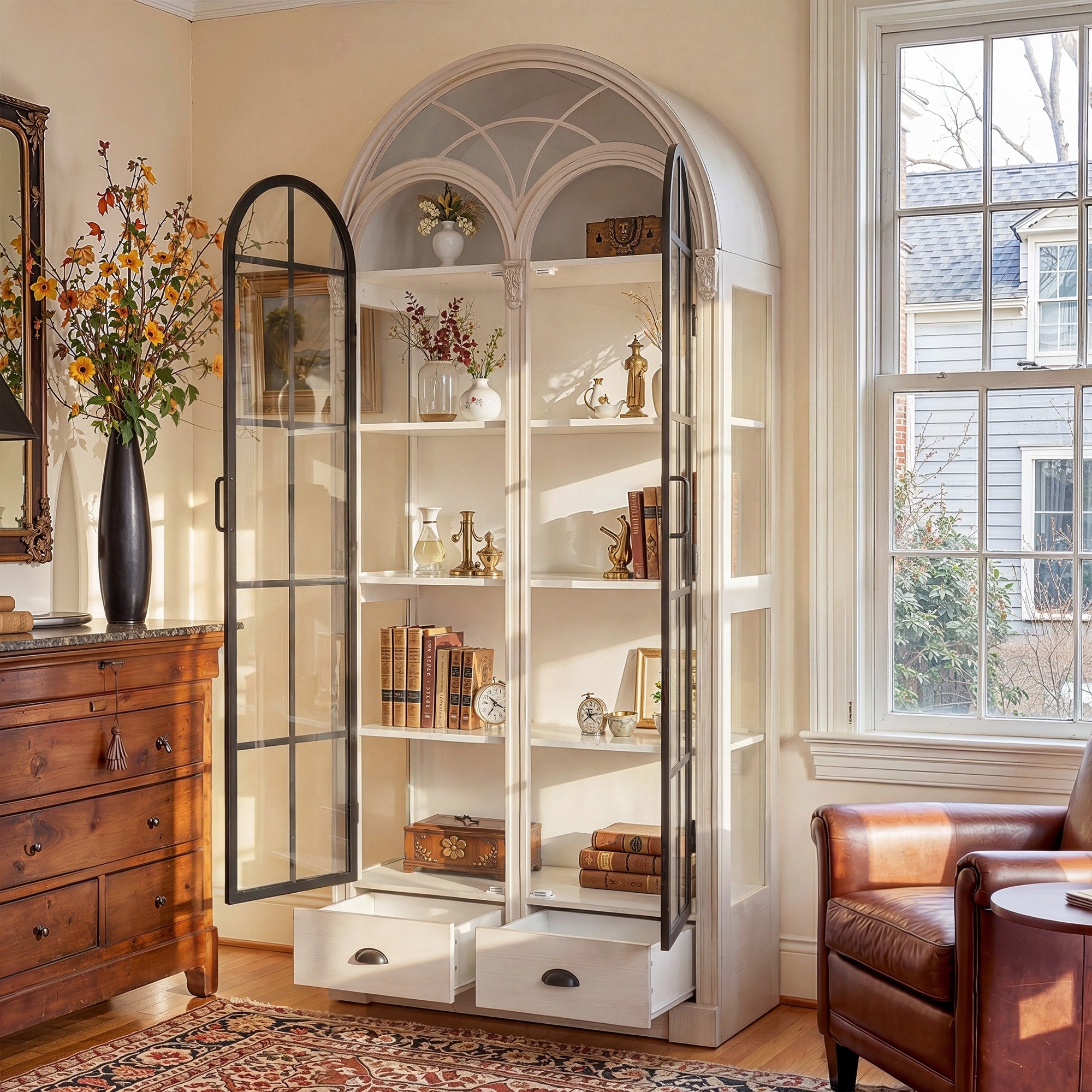 Arched Glass Door Display Cabinet With Iron Frame Tall Curio Bookcase With Drawers Farmhouse Storage Cabinet