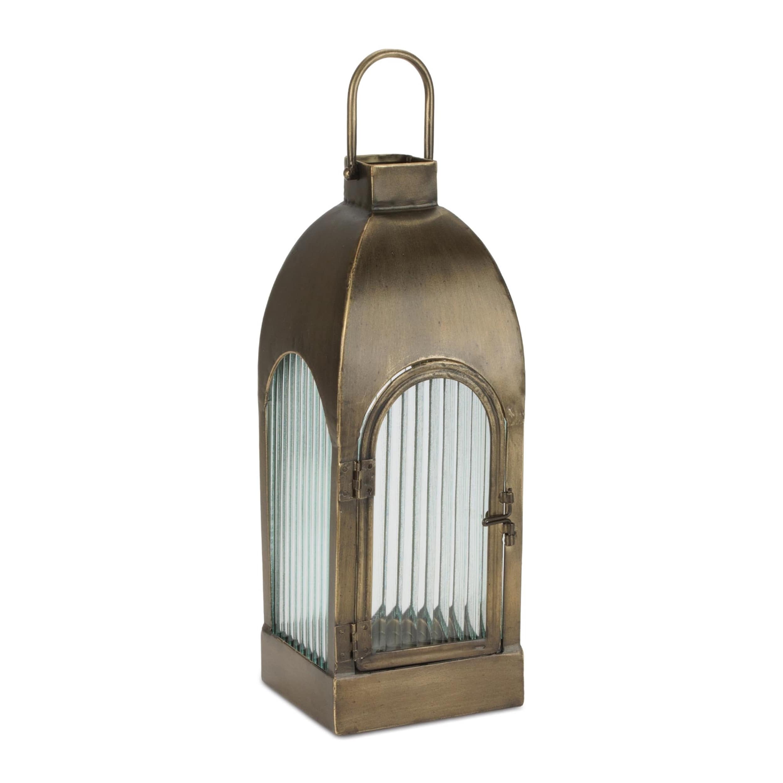 Arched Iron And Ribbed Glass Lantern 17.5 H