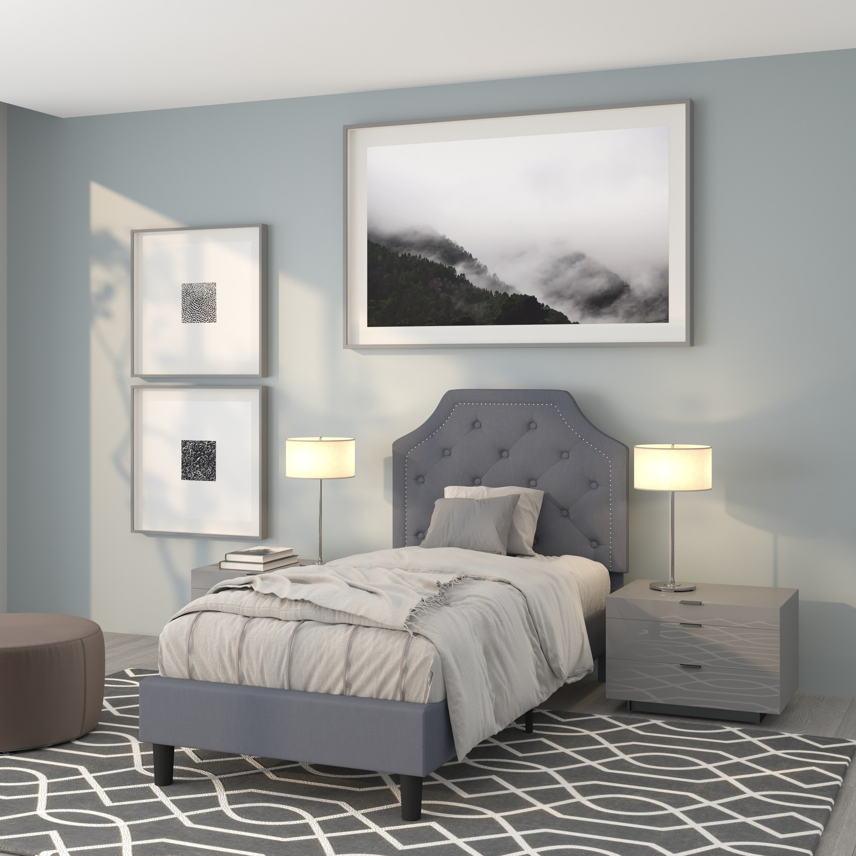 Modern Black Tufted Upholstered Low Profile Twin Size Platform Bed
