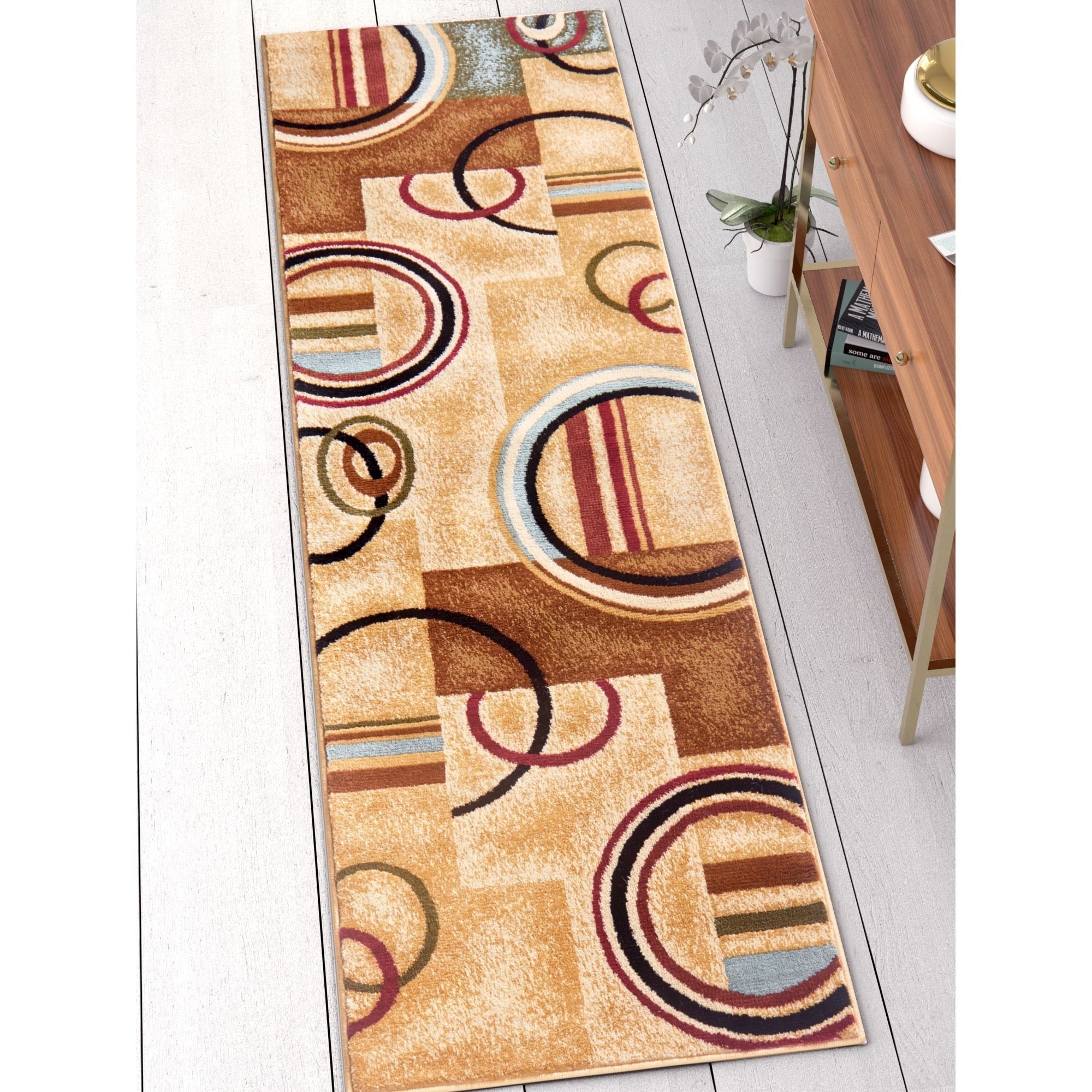 Well Woven Arcs Shapes Modern Abstract Geometric Ivory Beige Brown Blue Red Runner Rug 23 X 73