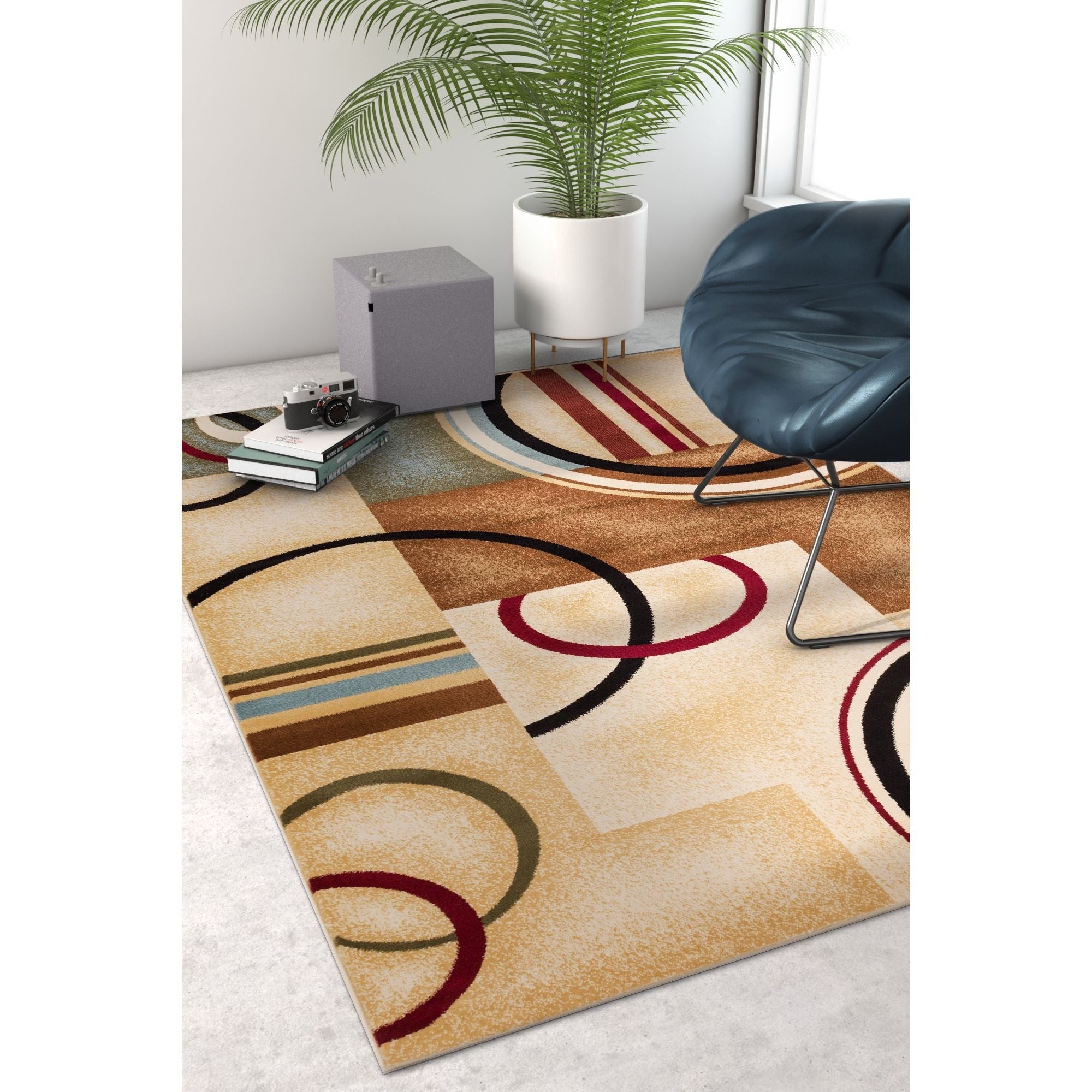 Well Woven Arcs Shapes Natural Modern Abstract Geometric Ivory Beige Brown Blue Red Area Rug 93 X 126